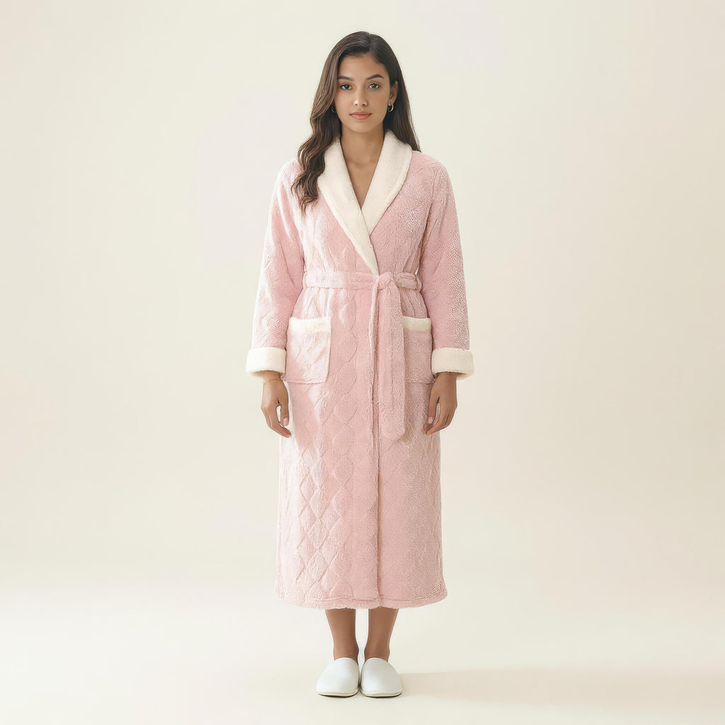Anna-Kaci Women's Plush Long Robe with Contrast Trim Shawl Collar Tie Waist Belt Soft Textured Warm