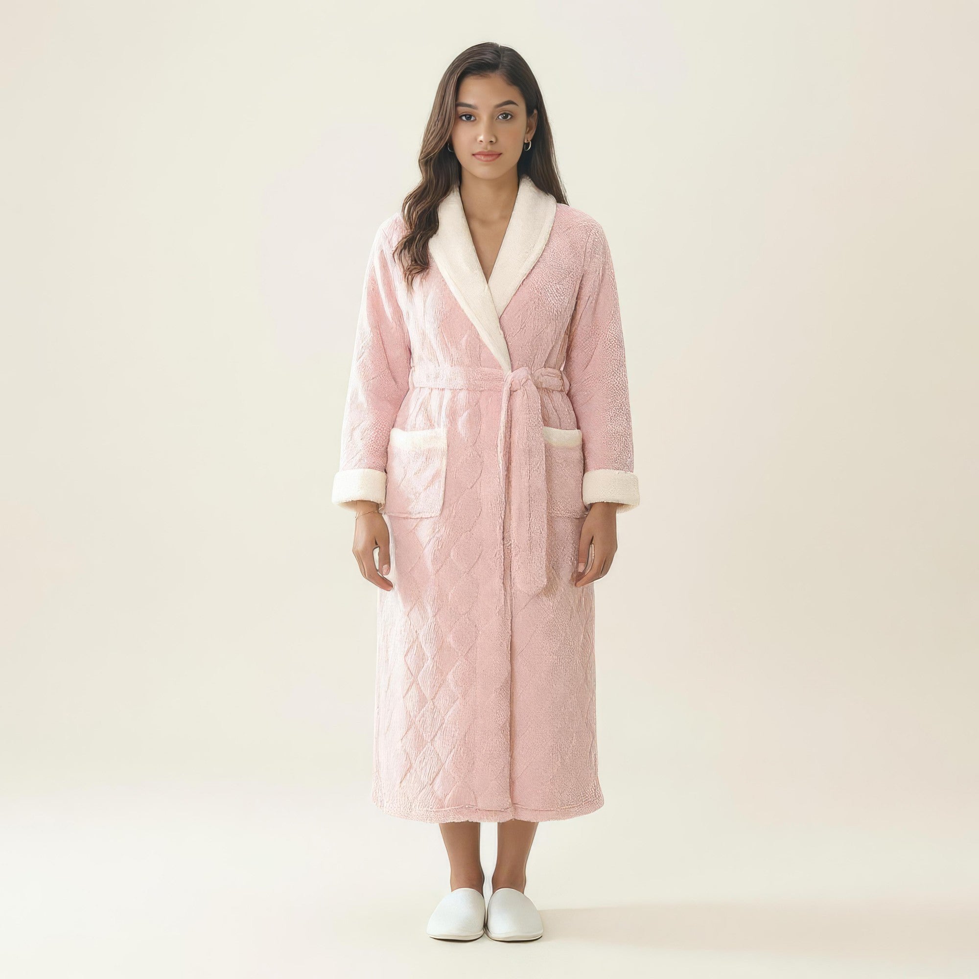 Anna-Kaci Women's Plush Long Robe with Contrast Trim Shawl Collar Tie Waist Belt Soft Textured Warm