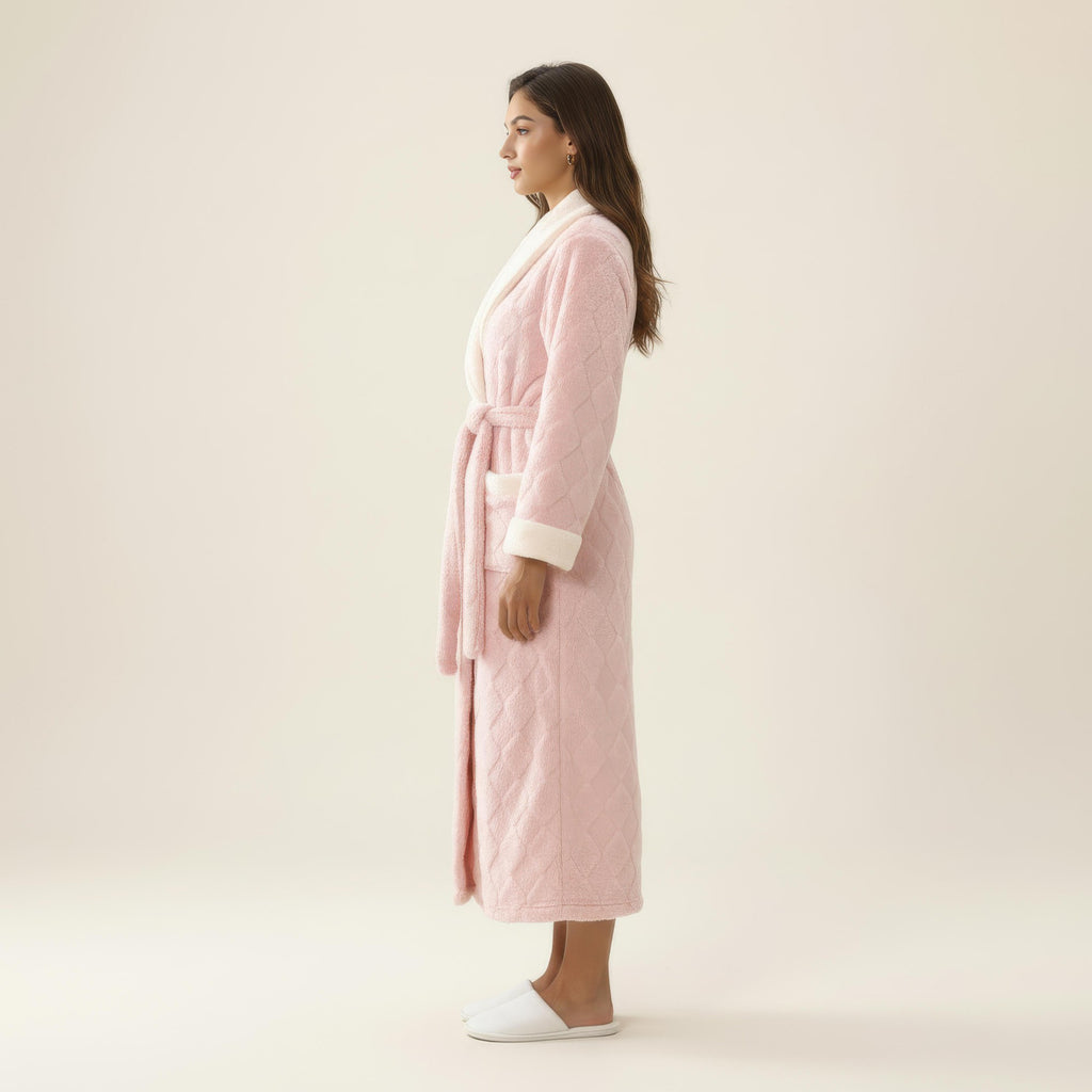 Anna-Kaci Women's Plush Long Robe with Contrast Trim Shawl Collar Tie Waist Belt Soft Textured Warm