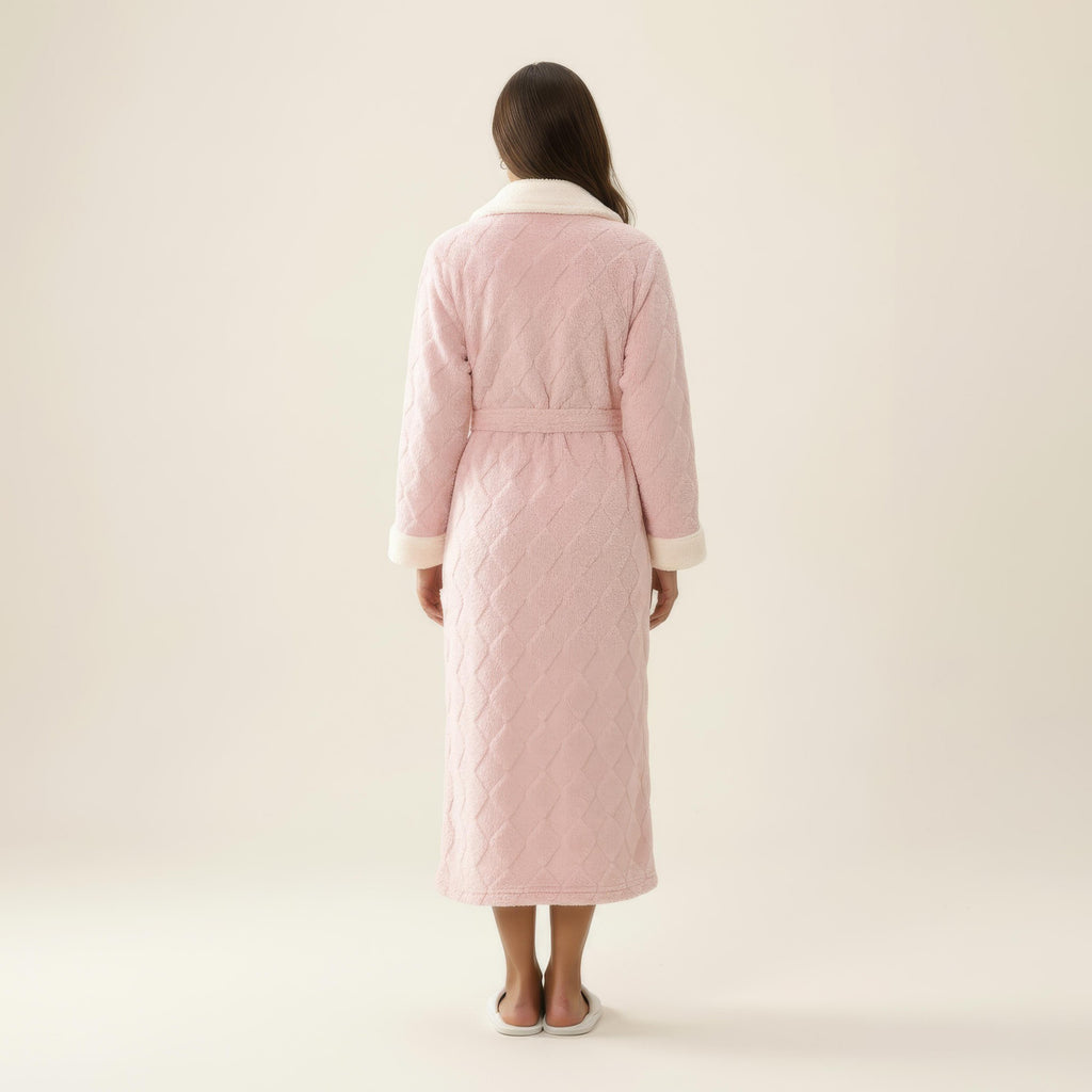 Anna-Kaci Women's Plush Long Robe with Contrast Trim Shawl Collar Tie Waist Belt Soft Textured Warm