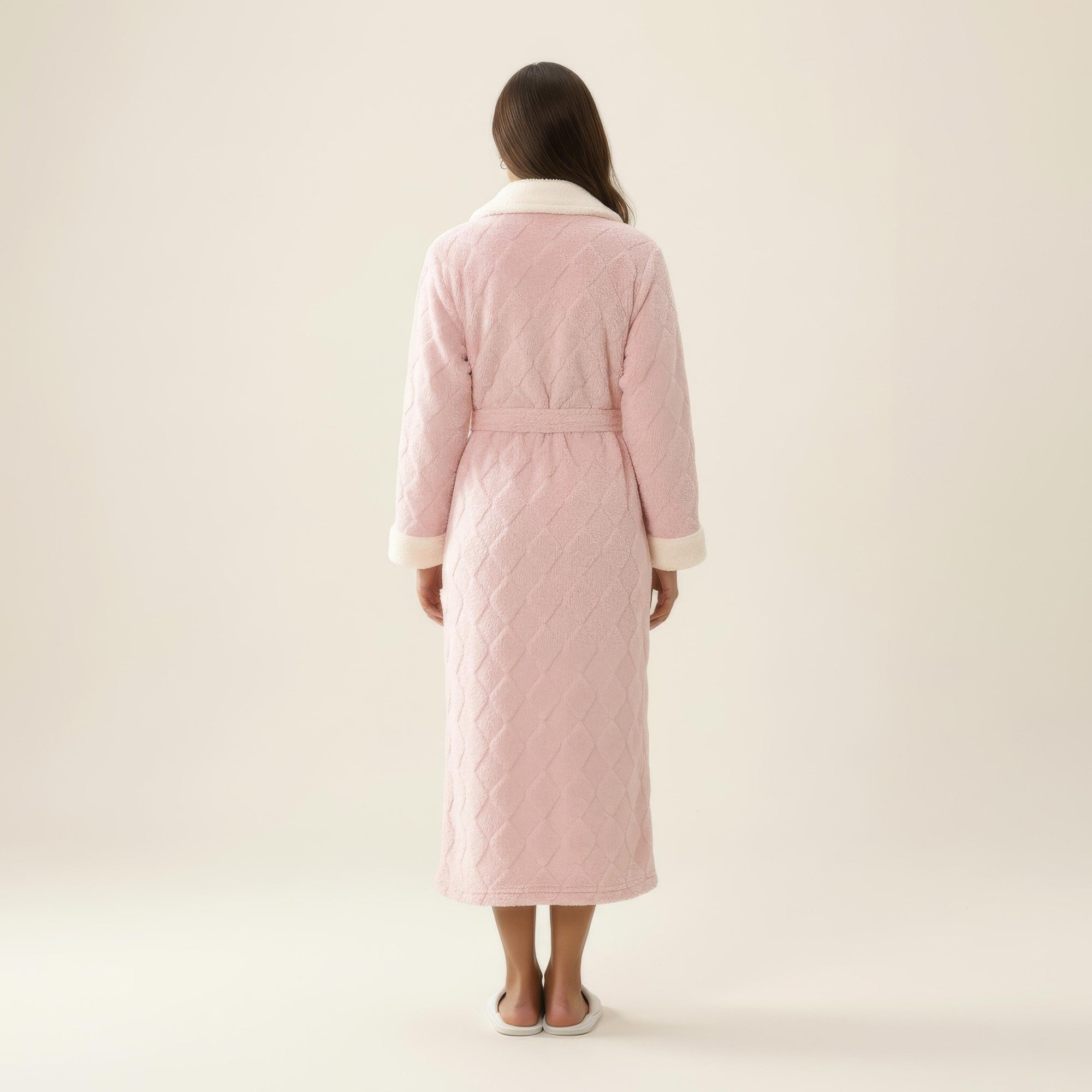 Anna-Kaci Women's Plush Long Robe with Contrast Trim Shawl Collar Tie Waist Belt Soft Textured Warm