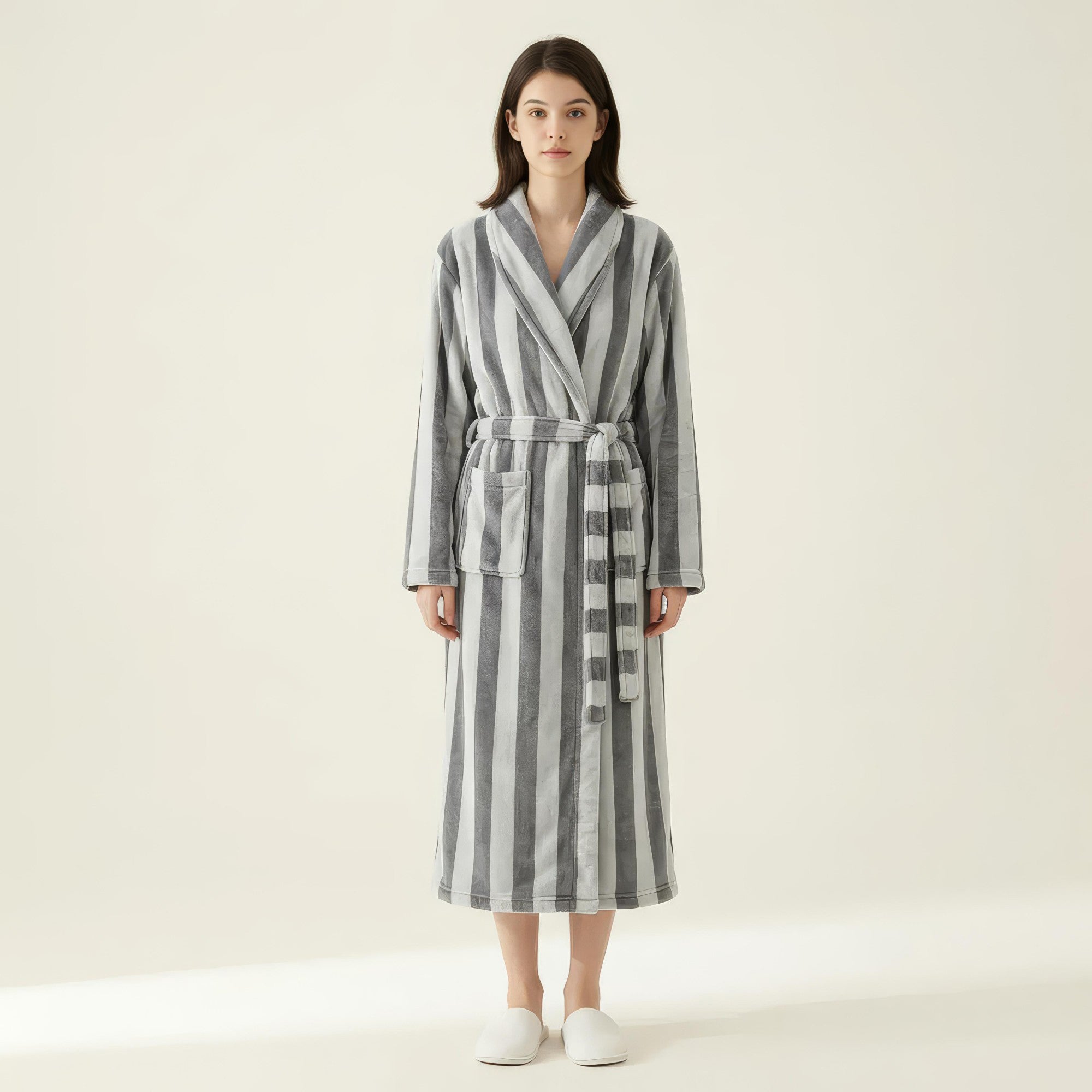 Anna-Kaci Women's Striped Plush Long Robe with Shawl Collar Tie Waist Belt Soft Textured Full Length Bathrobe