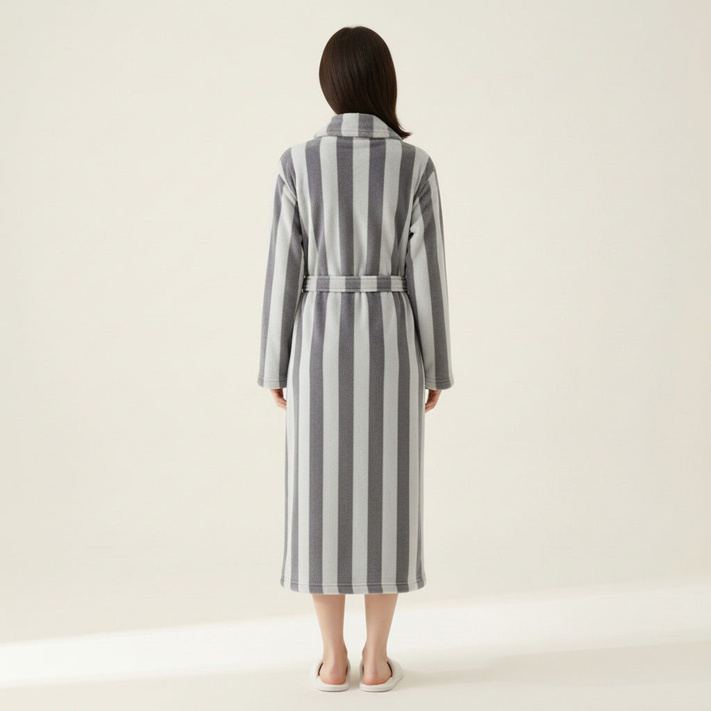 Anna-Kaci Women's Striped Plush Long Robe with Shawl Collar Tie Waist Belt Soft Textured Full Length Bathrobe
