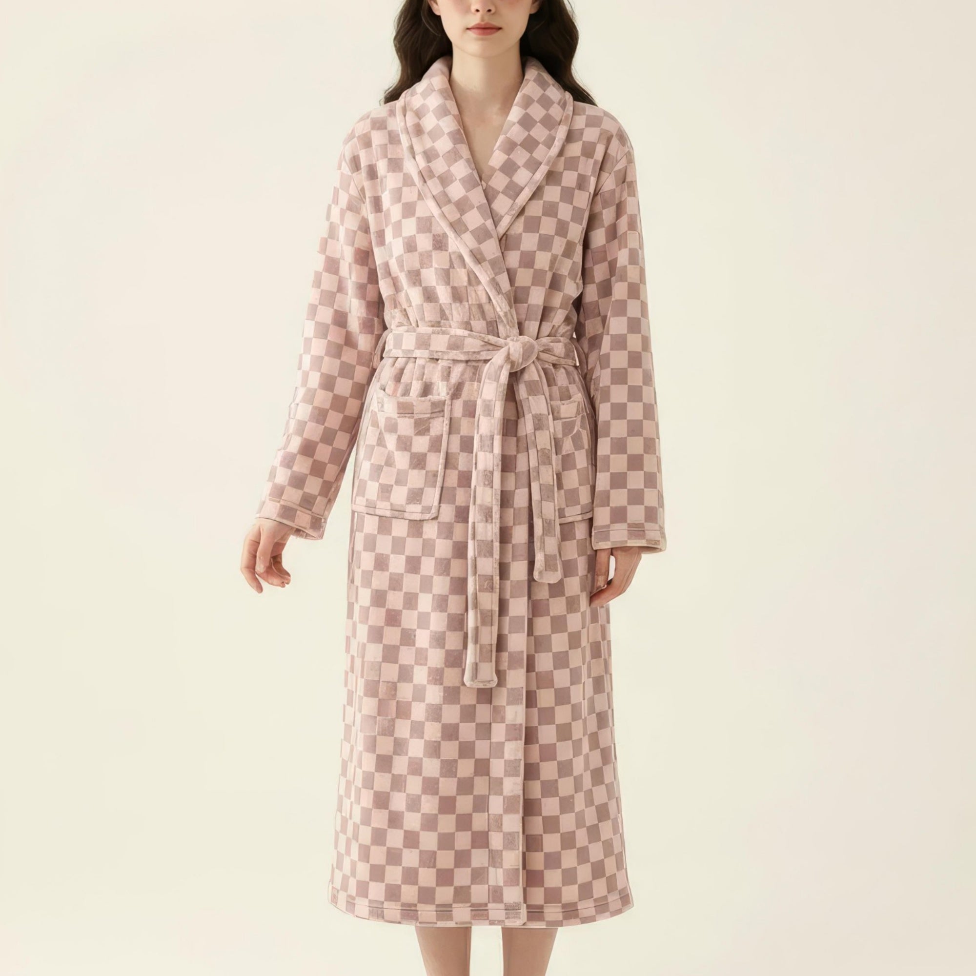 Anna-Kaci Women's Striped Plush Long Robe with Shawl Collar Tie Waist Belt Soft Textured Full Length Bathrobe