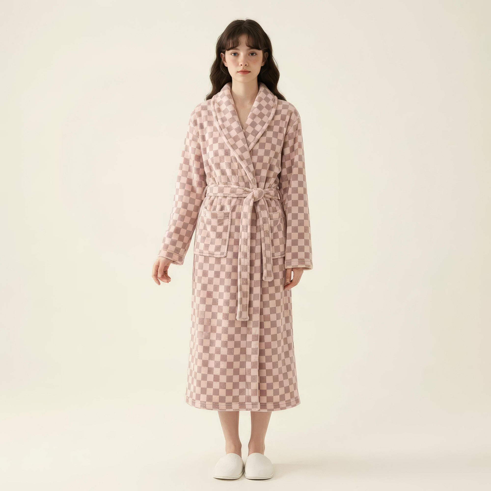 Anna-Kaci Women's Striped Plush Long Robe with Shawl Collar Tie Waist Belt Soft Textured Full Length Bathrobe