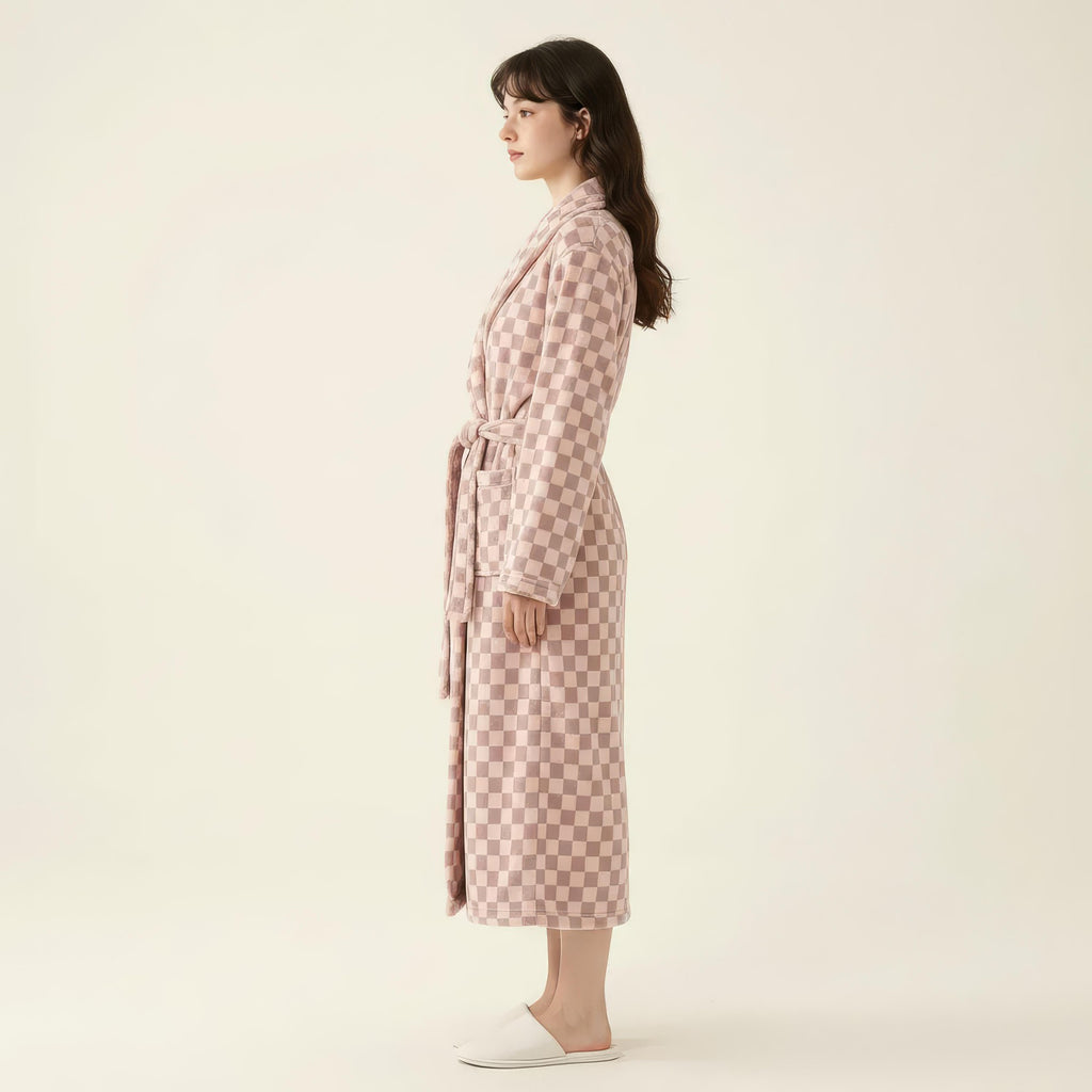 Anna-Kaci Women's Striped Plush Long Robe with Shawl Collar Tie Waist Belt Soft Textured Full Length Bathrobe