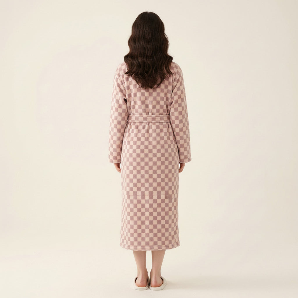 Anna-Kaci Women's Striped Plush Long Robe with Shawl Collar Tie Waist Belt Soft Textured Full Length Bathrobe