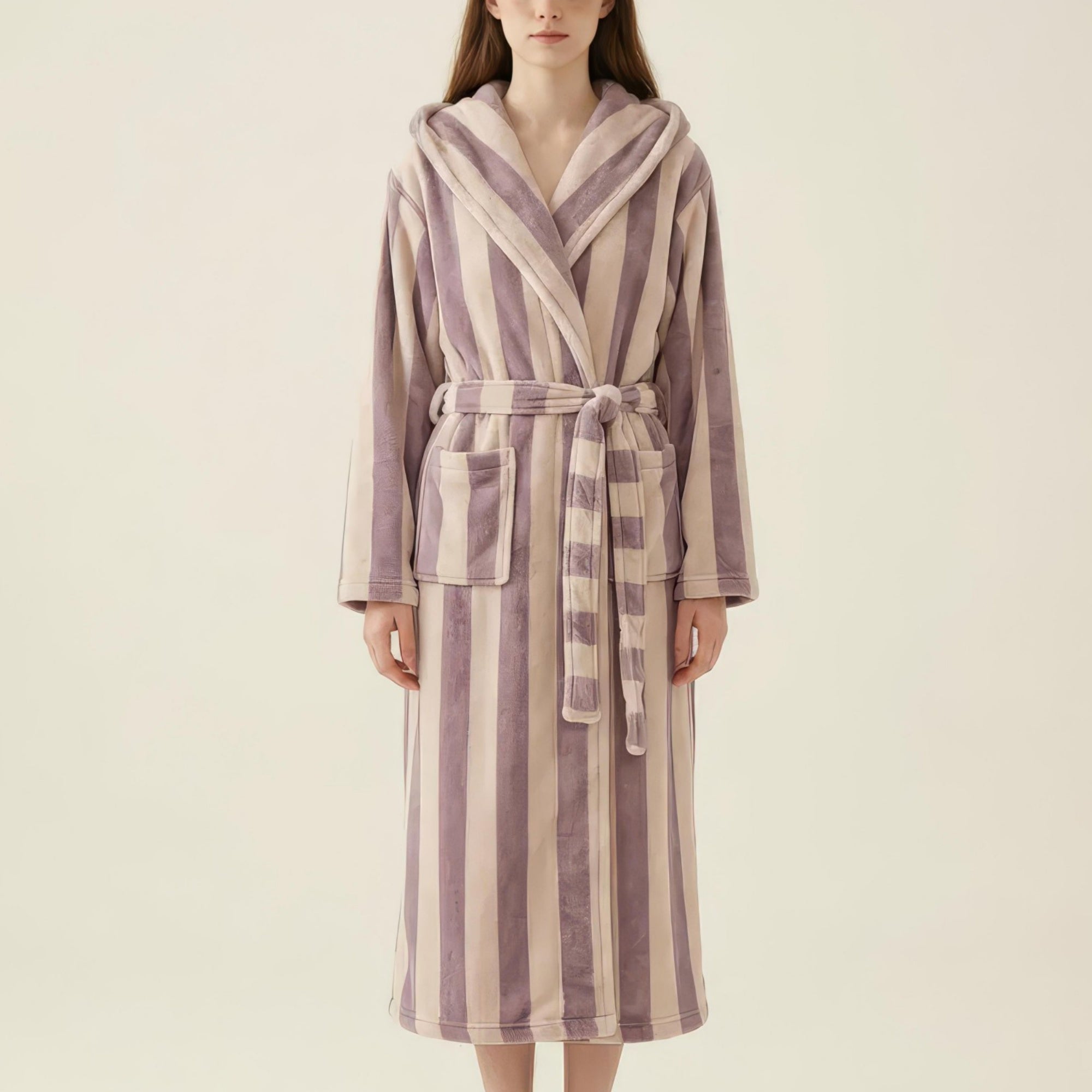 Anna-Kaci Women's Striped Plush Long Robe with Shawl Collar Tie Waist Belt Soft Textured Full Length Bathrobe