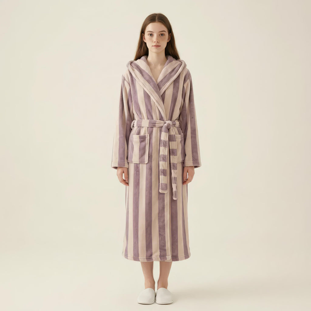 Anna-Kaci Women's Striped Plush Long Robe with Shawl Collar Tie Waist Belt Soft Textured Full Length Bathrobe
