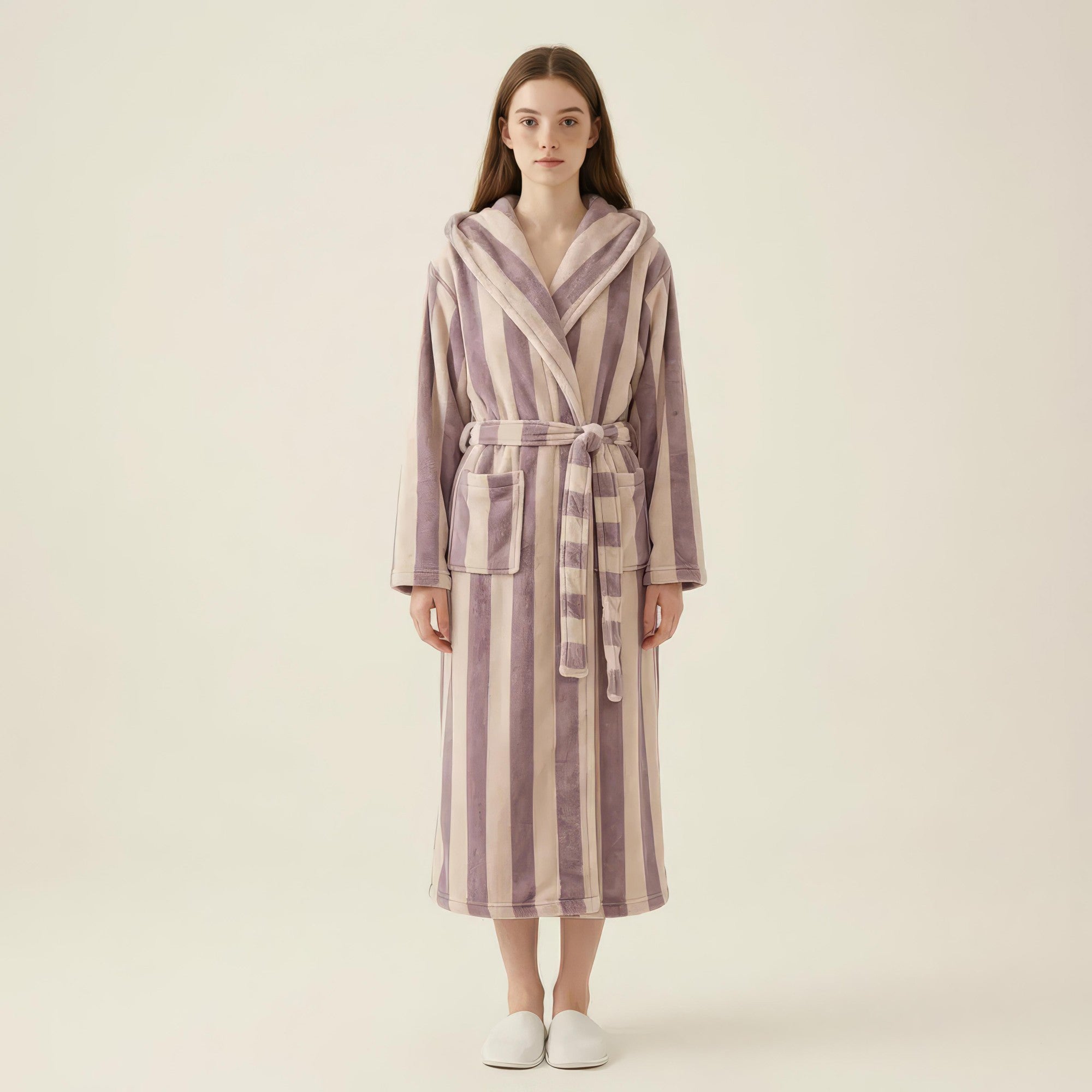 Anna-Kaci Women's Striped Plush Long Robe with Shawl Collar Tie Waist Belt Soft Textured Full Length Bathrobe