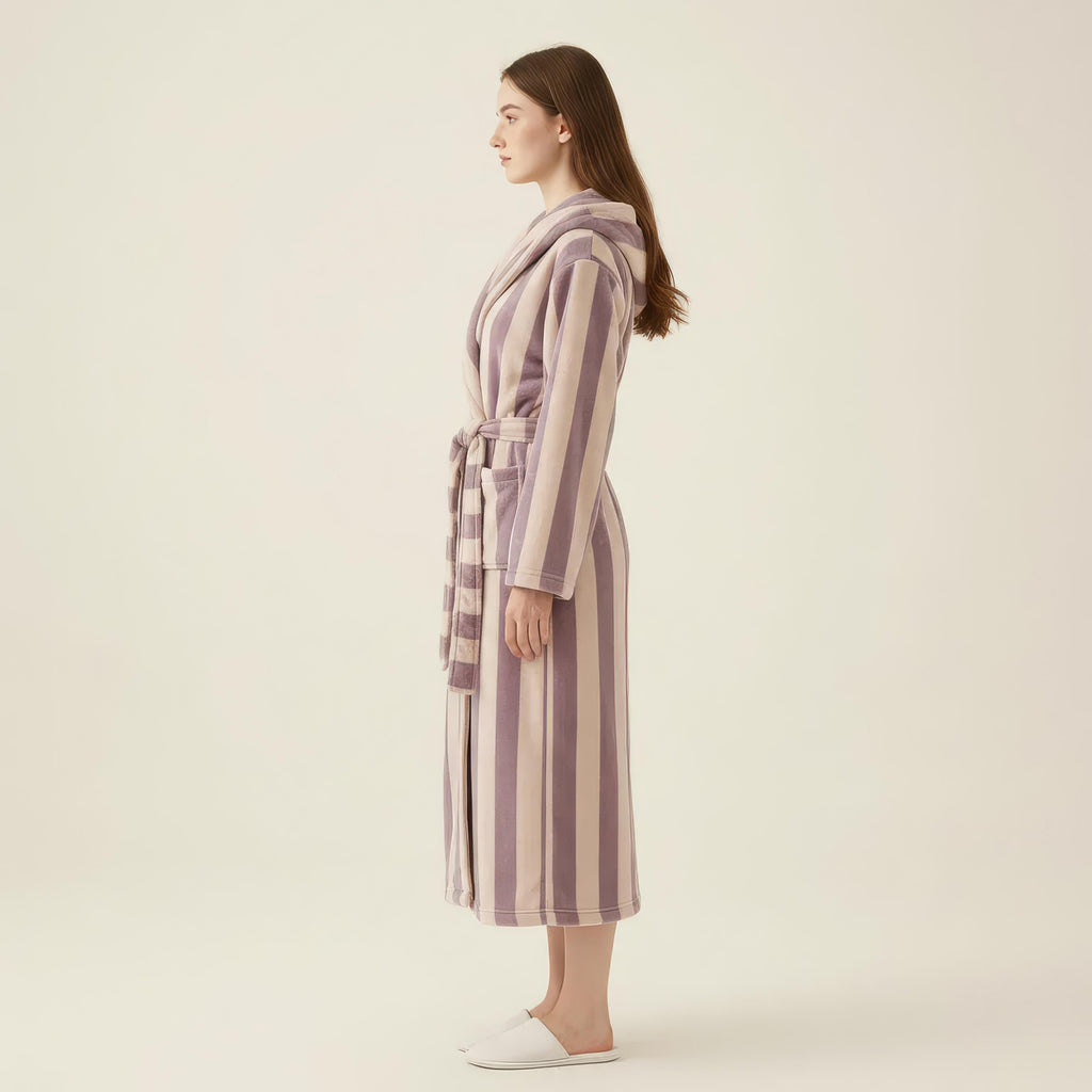 Anna-Kaci Women's Striped Plush Long Robe with Shawl Collar Tie Waist Belt Soft Textured Full Length Bathrobe