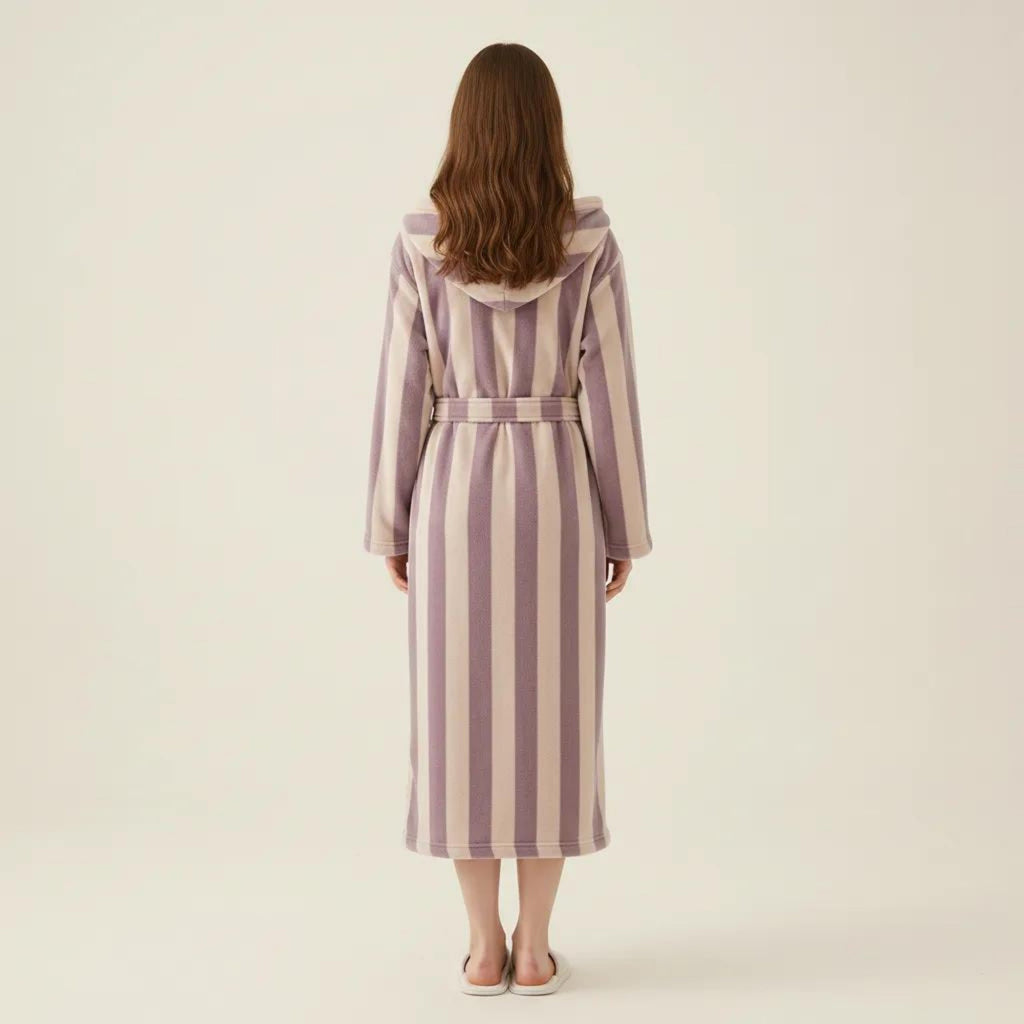 Anna-Kaci Women's Striped Plush Long Robe with Shawl Collar Tie Waist Belt Soft Textured Full Length Bathrobe