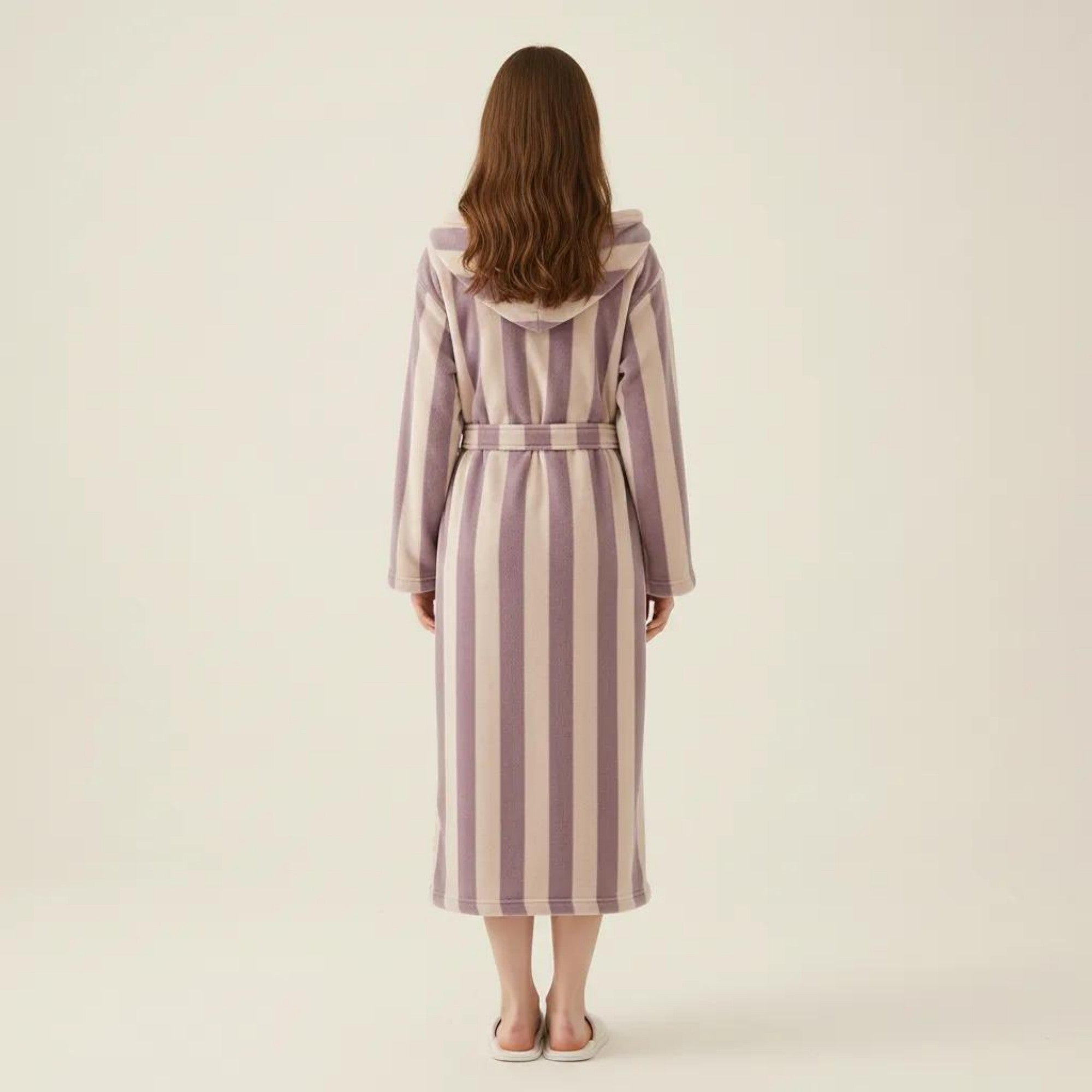 Anna-Kaci Women's Striped Plush Long Robe with Shawl Collar Tie Waist Belt Soft Textured Full Length Bathrobe