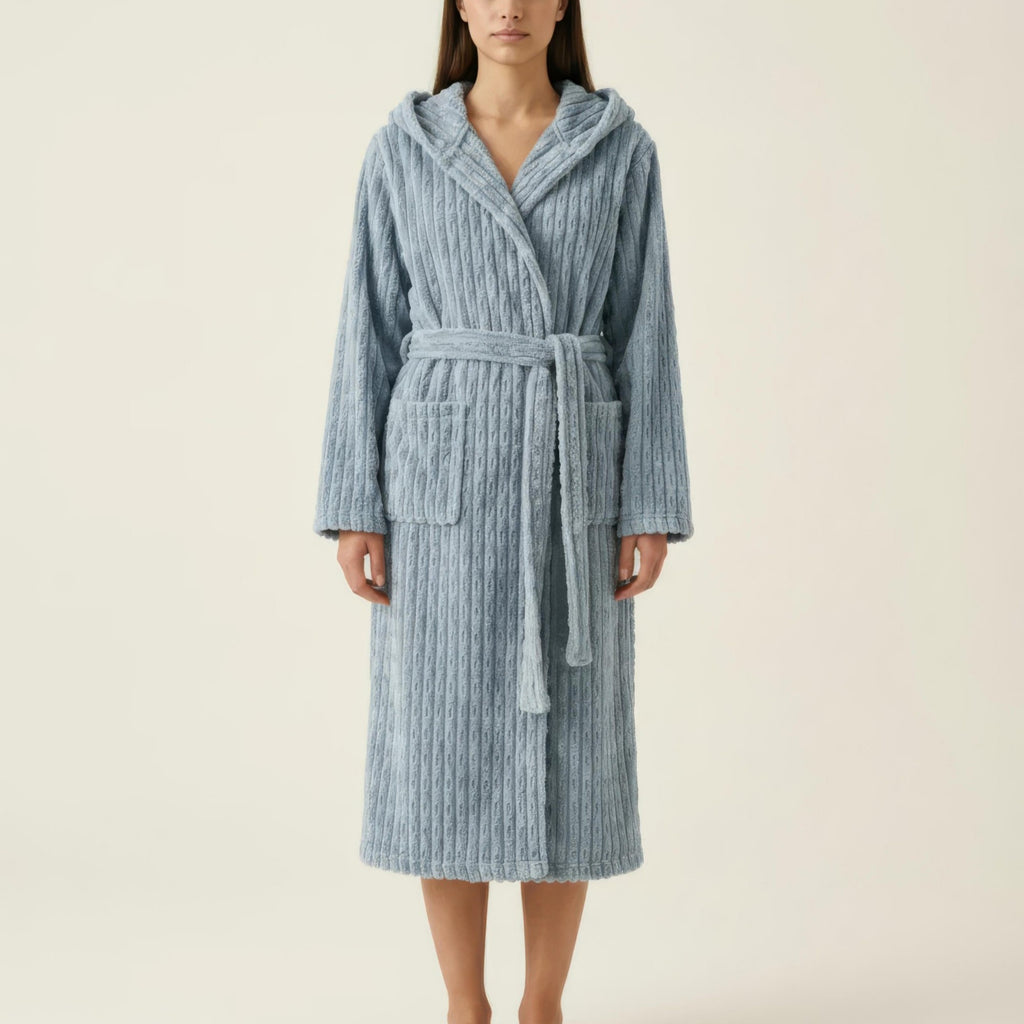 Anna-Kaci Women's Hooded Plush Long Robe with Tie Waist Belt Textured Soft Warm Full Length Bathrobe