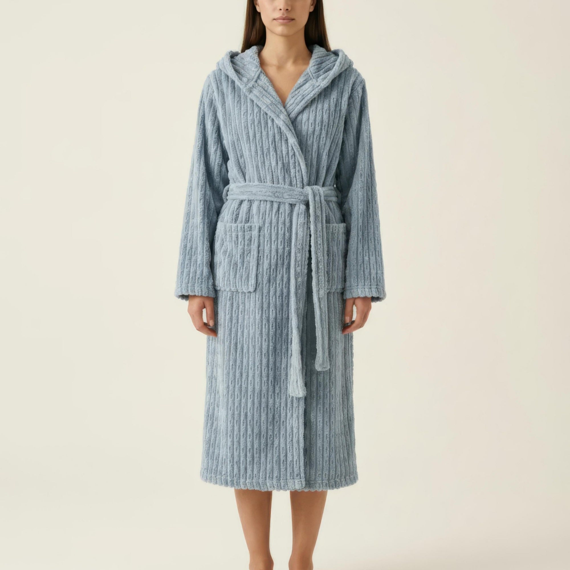Anna-Kaci Women's Hooded Plush Long Robe with Tie Waist Belt Textured Soft Warm Full Length Bathrobe