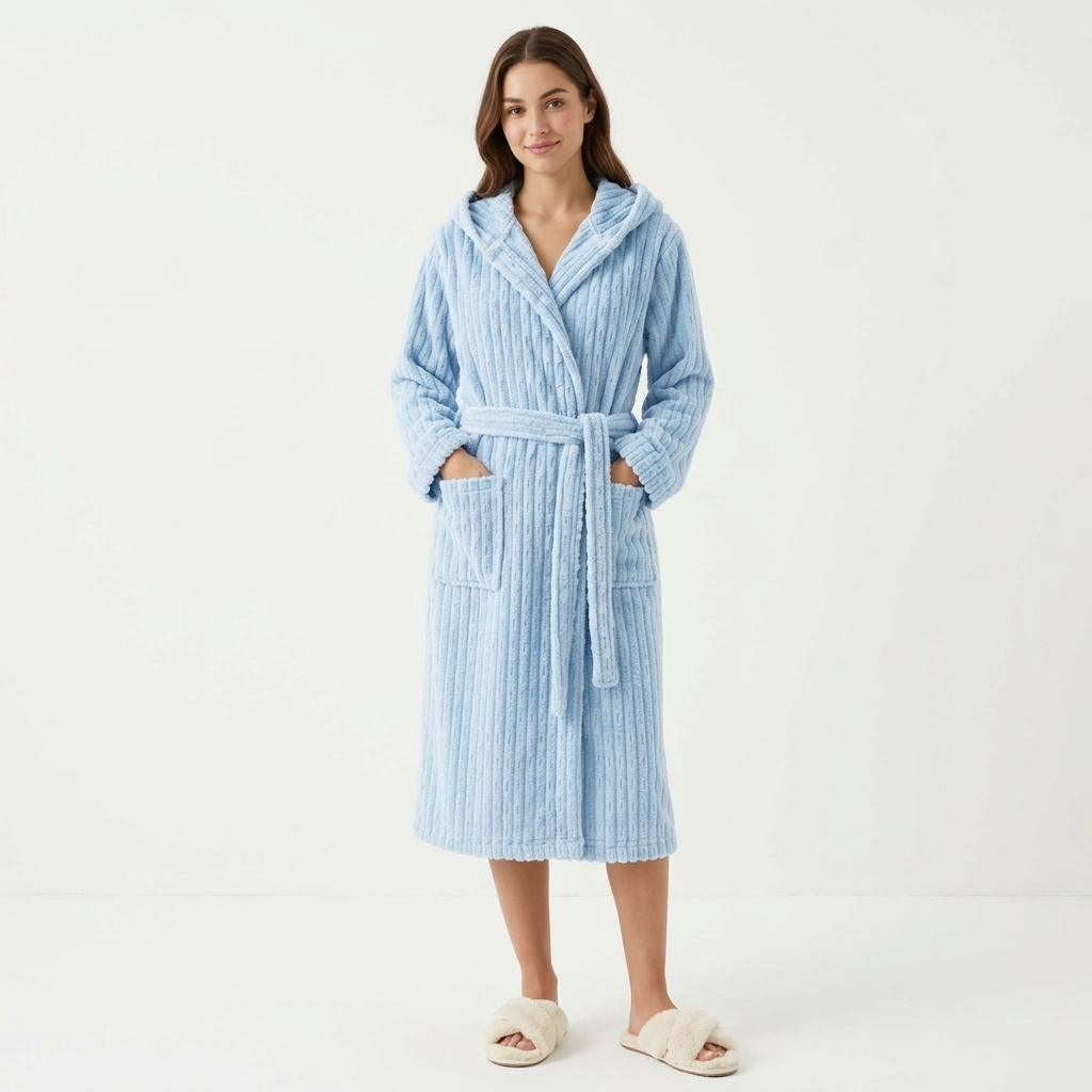 Women's Hooded Plush Long Robe with Tie Waist Belt Textured Soft Warm Full Length Bathrobe
