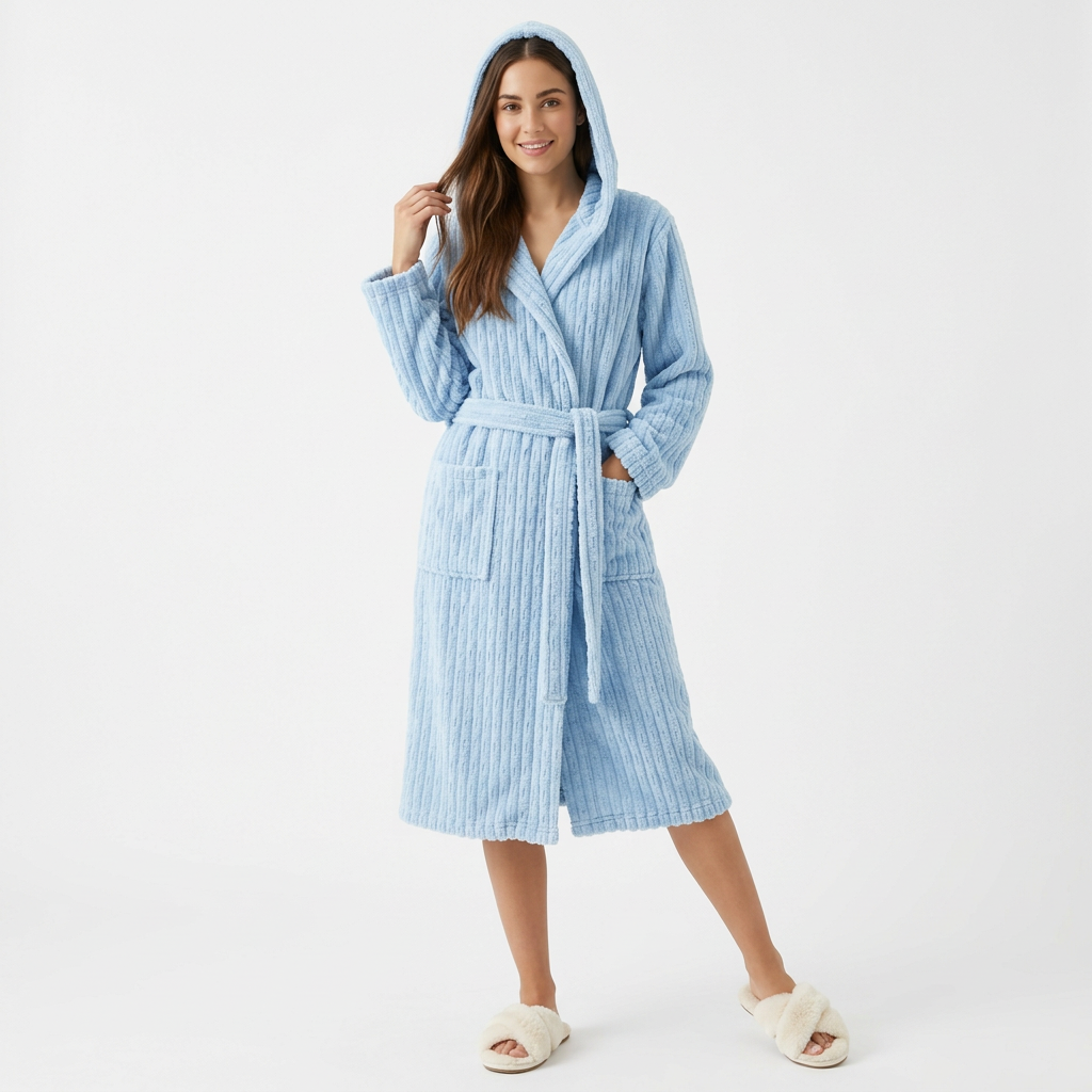 Women's Hooded Plush Long Robe with Tie Waist Belt Textured Soft Warm Full Length Bathrobe