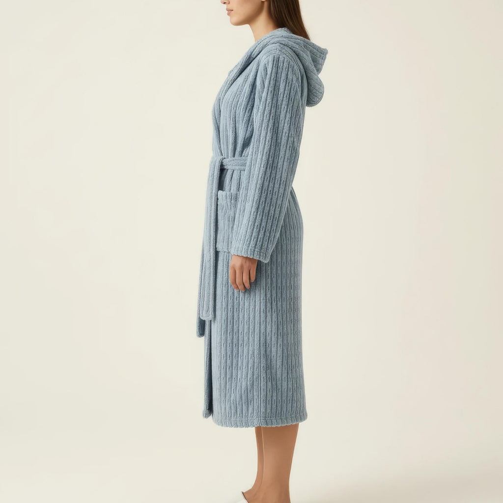 Anna-Kaci Women's Hooded Plush Long Robe with Tie Waist Belt Textured Soft Warm Full Length Bathrobe