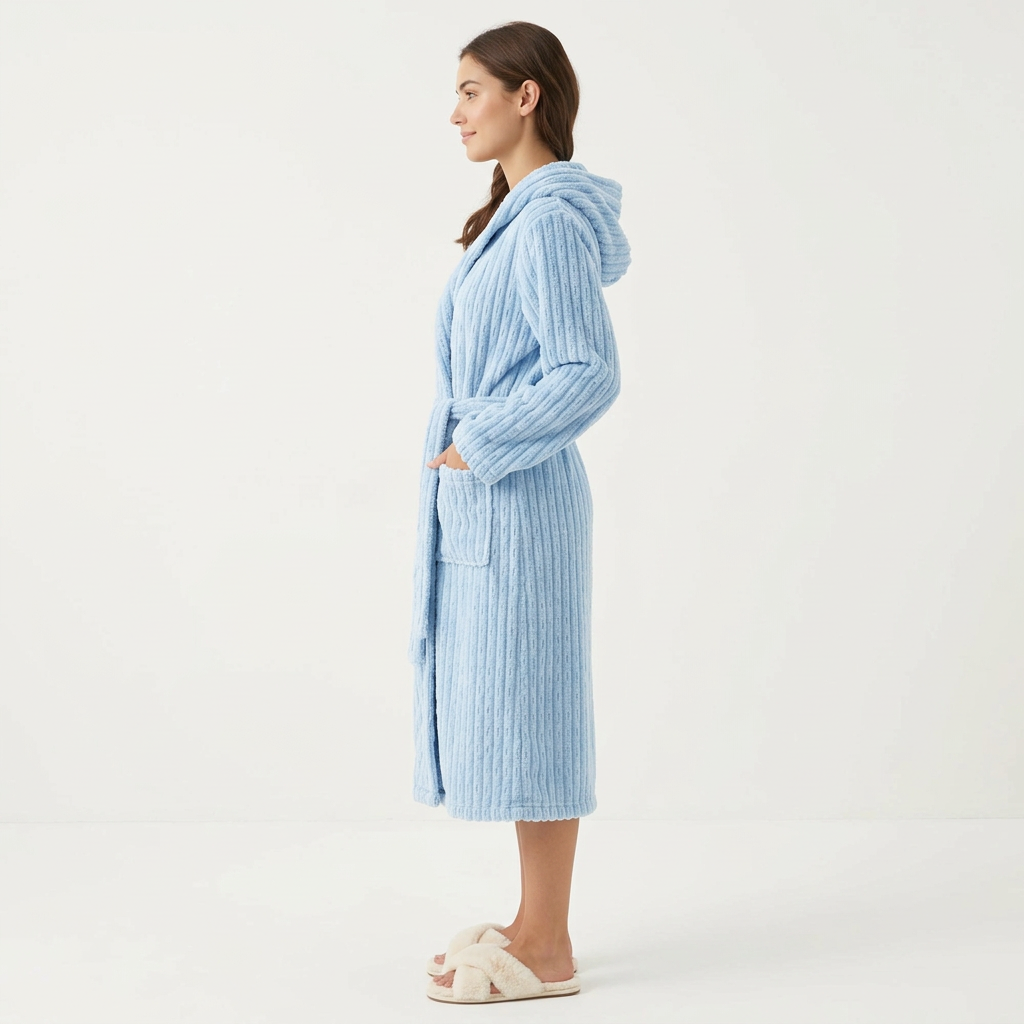Women's Hooded Plush Long Robe with Tie Waist Belt Textured Soft Warm Full Length Bathrobe