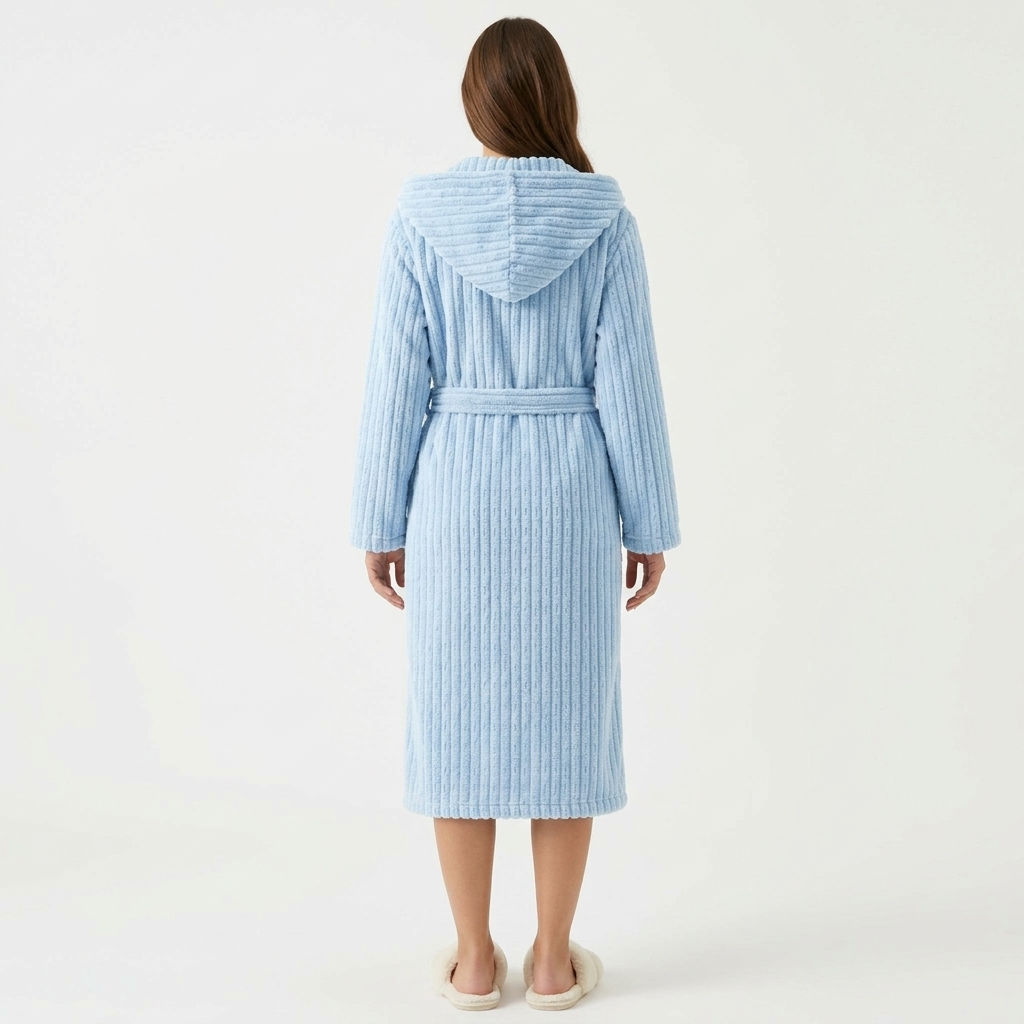 Women's Hooded Plush Long Robe with Tie Waist Belt Textured Soft Warm Full Length Bathrobe