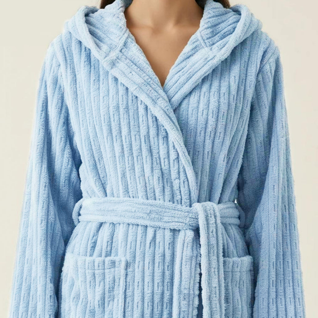 Anna-Kaci Women's Hooded Plush Long Robe with Tie Waist Belt Textured Soft Warm Full Length Bathrobe