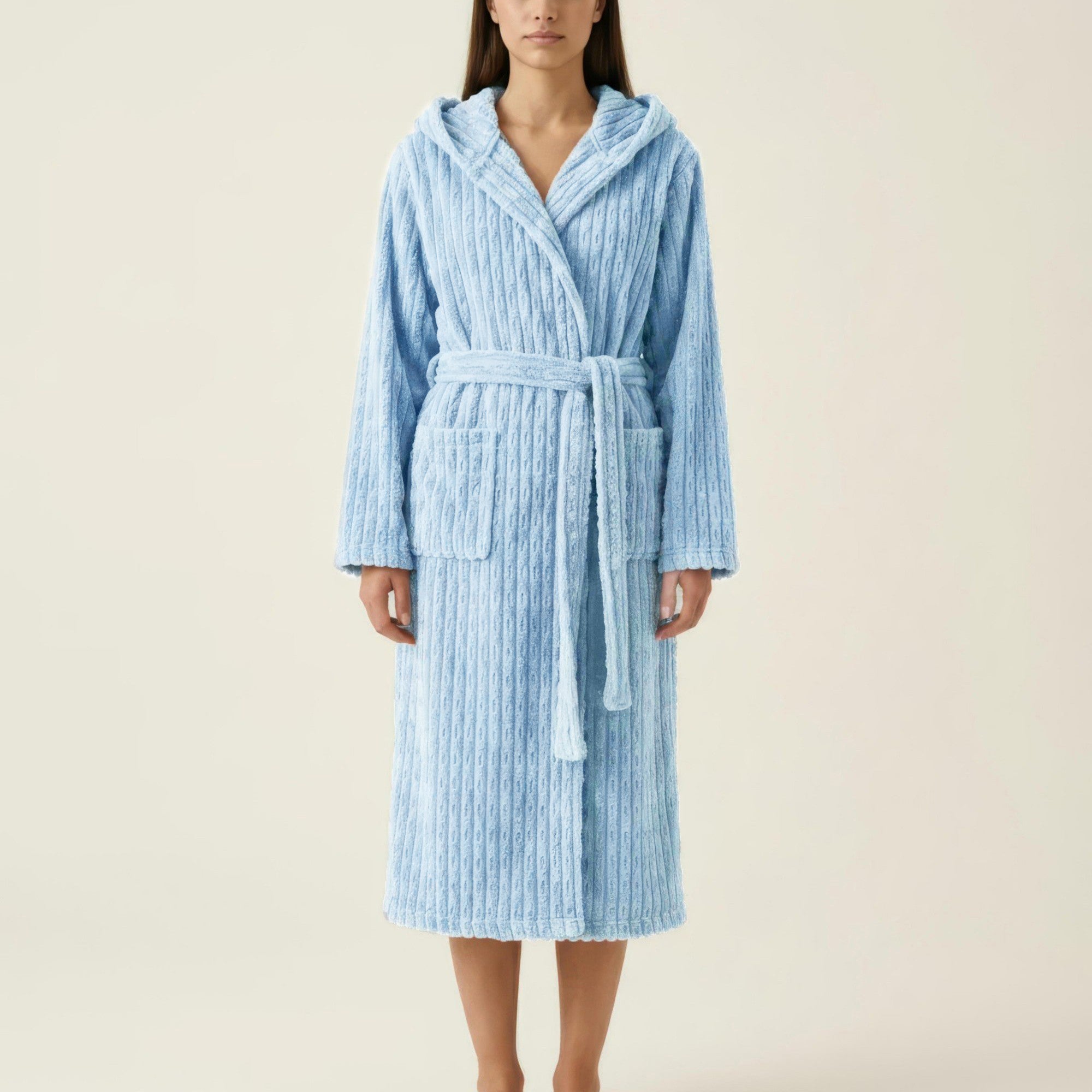 Anna-Kaci Women's Hooded Plush Long Robe with Tie Waist Belt Textured Soft Warm Full Length Bathrobe