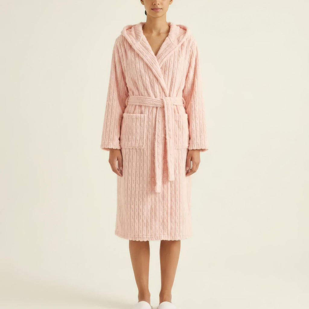 Blue women's robe with textured, hooded and floor length