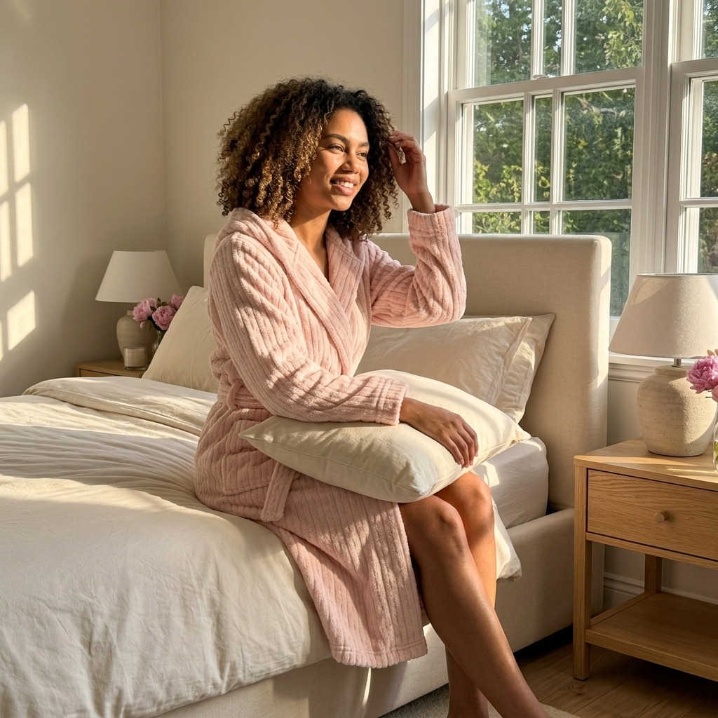 Women's Hooded Plush Long Robe with Tie Waist Belt Textured Soft Warm Full Length Bathrobe