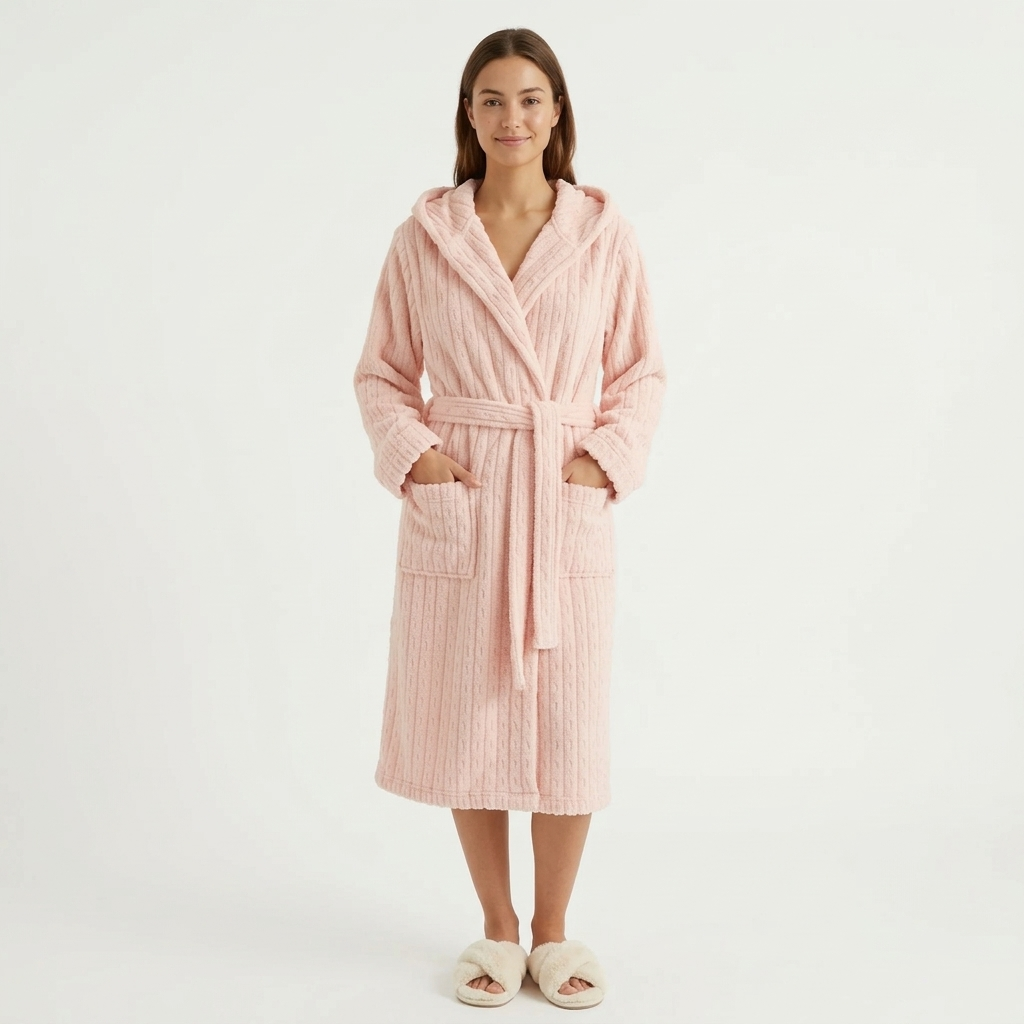 Women's Hooded Plush Long Robe with Tie Waist Belt Textured Soft Warm Full Length Bathrobe