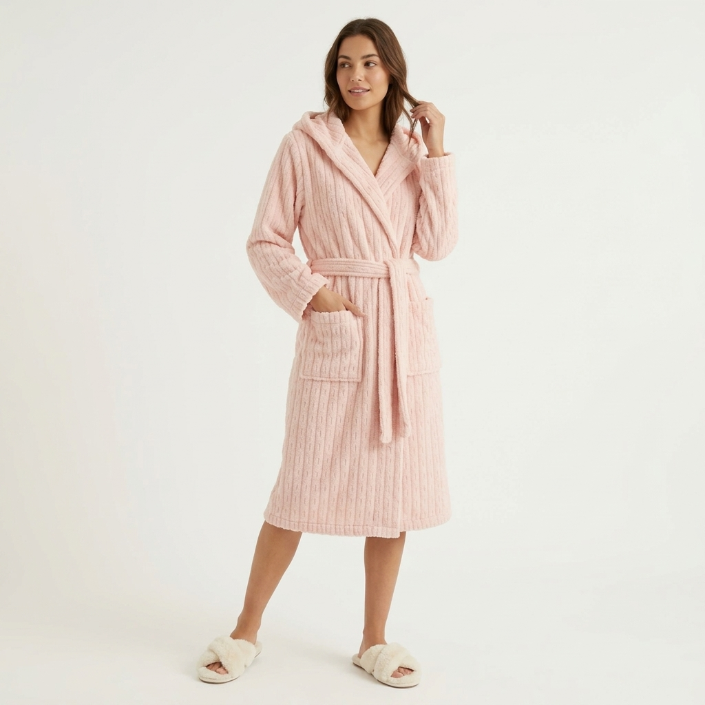 Women's Hooded Plush Long Robe with Tie Waist Belt Textured Soft Warm Full Length Bathrobe