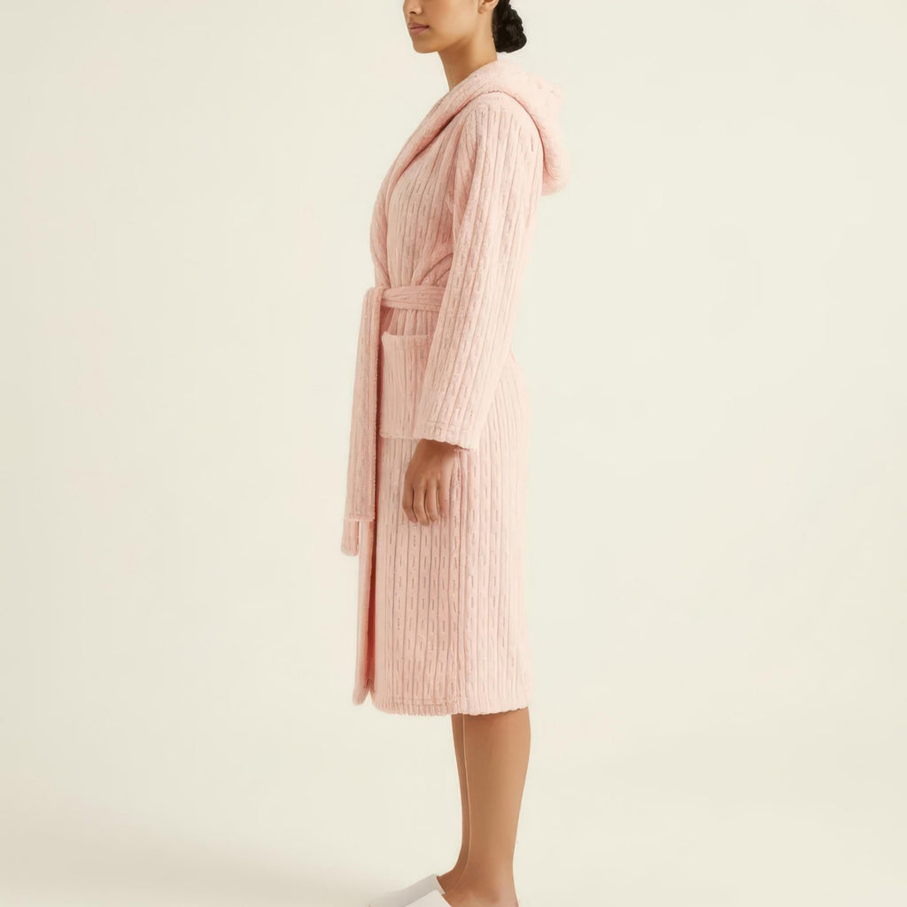Anna-Kaci Women's Hooded Plush Long Robe with Tie Waist Belt Textured Soft Warm Full Length Bathrobe