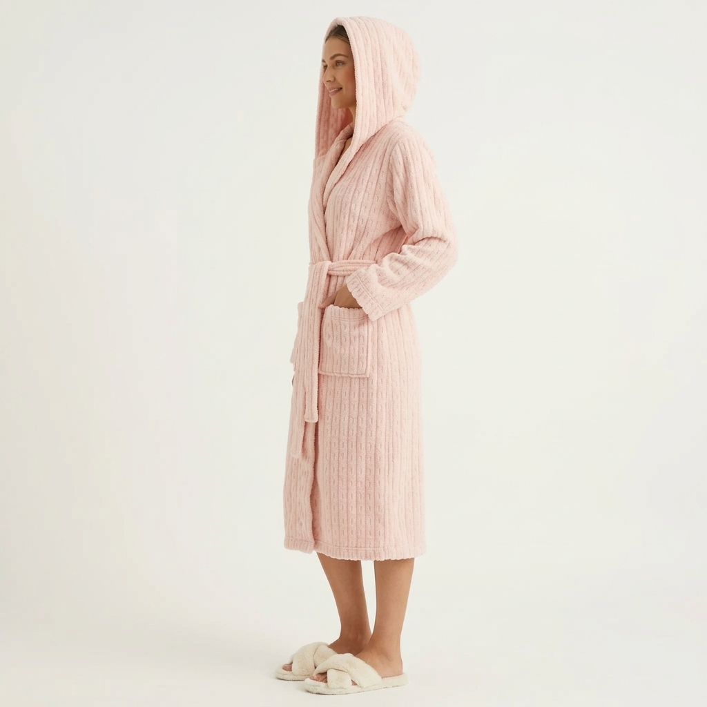 Women's Hooded Plush Long Robe with Tie Waist Belt Textured Soft Warm Full Length Bathrobe
