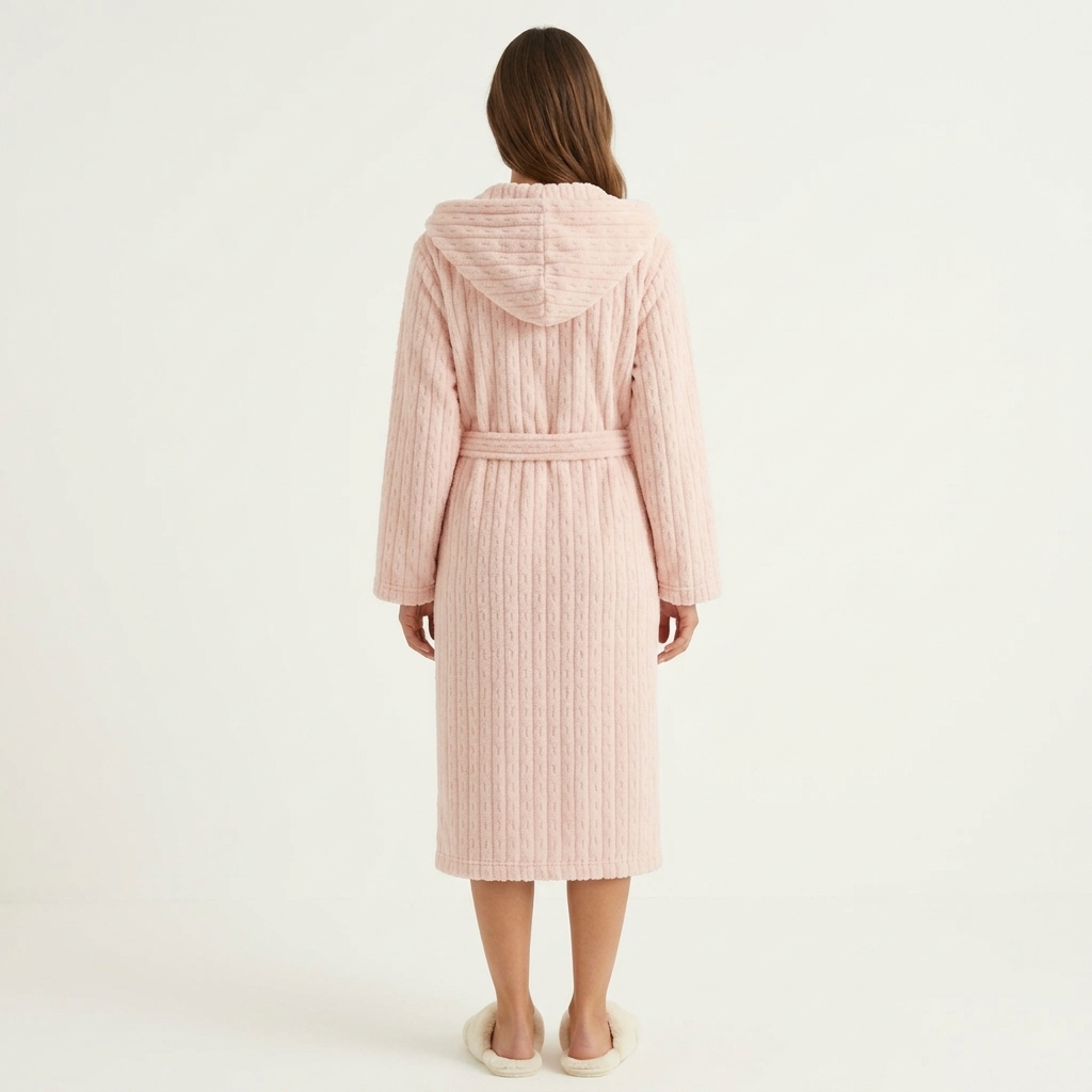 Women's Hooded Plush Long Robe with Tie Waist Belt Textured Soft Warm Full Length Bathrobe