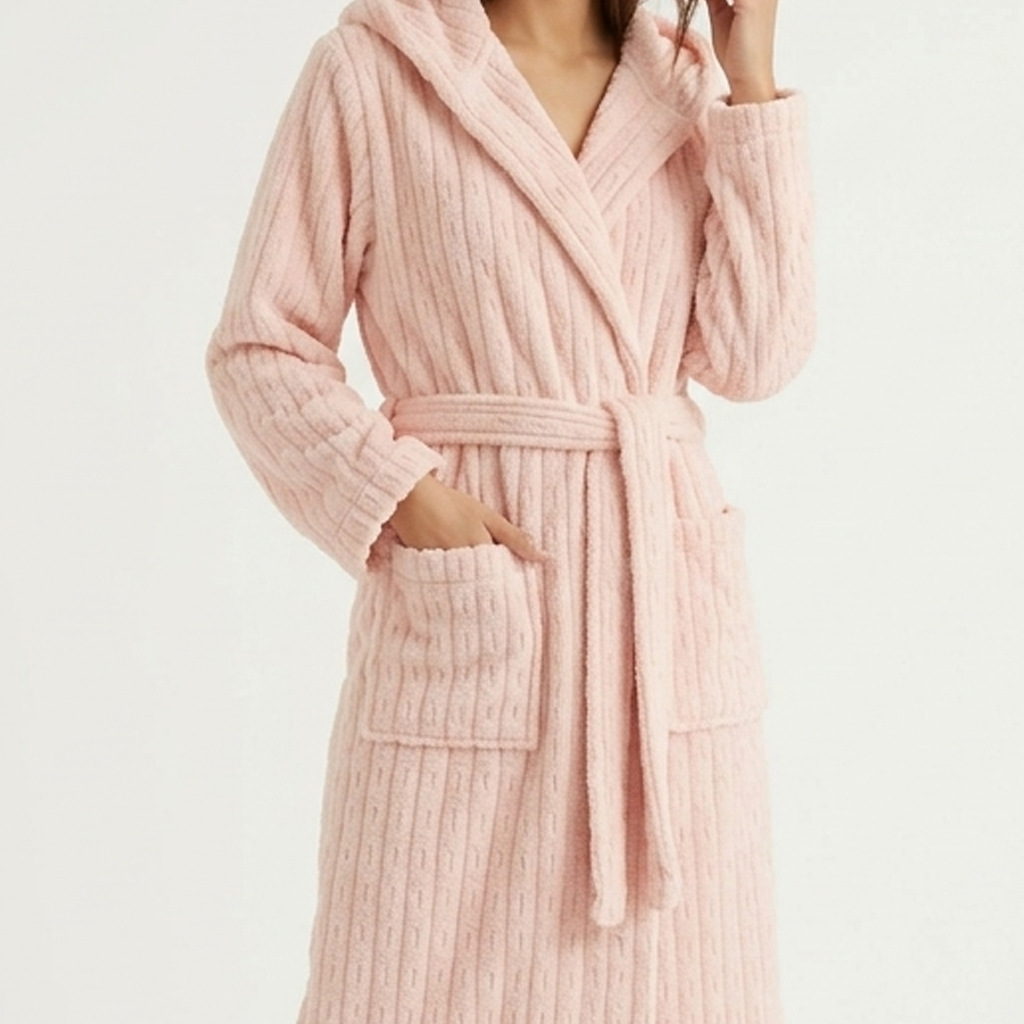 Women's Hooded Plush Long Robe with Tie Waist Belt Textured Soft Warm Full Length Bathrobe