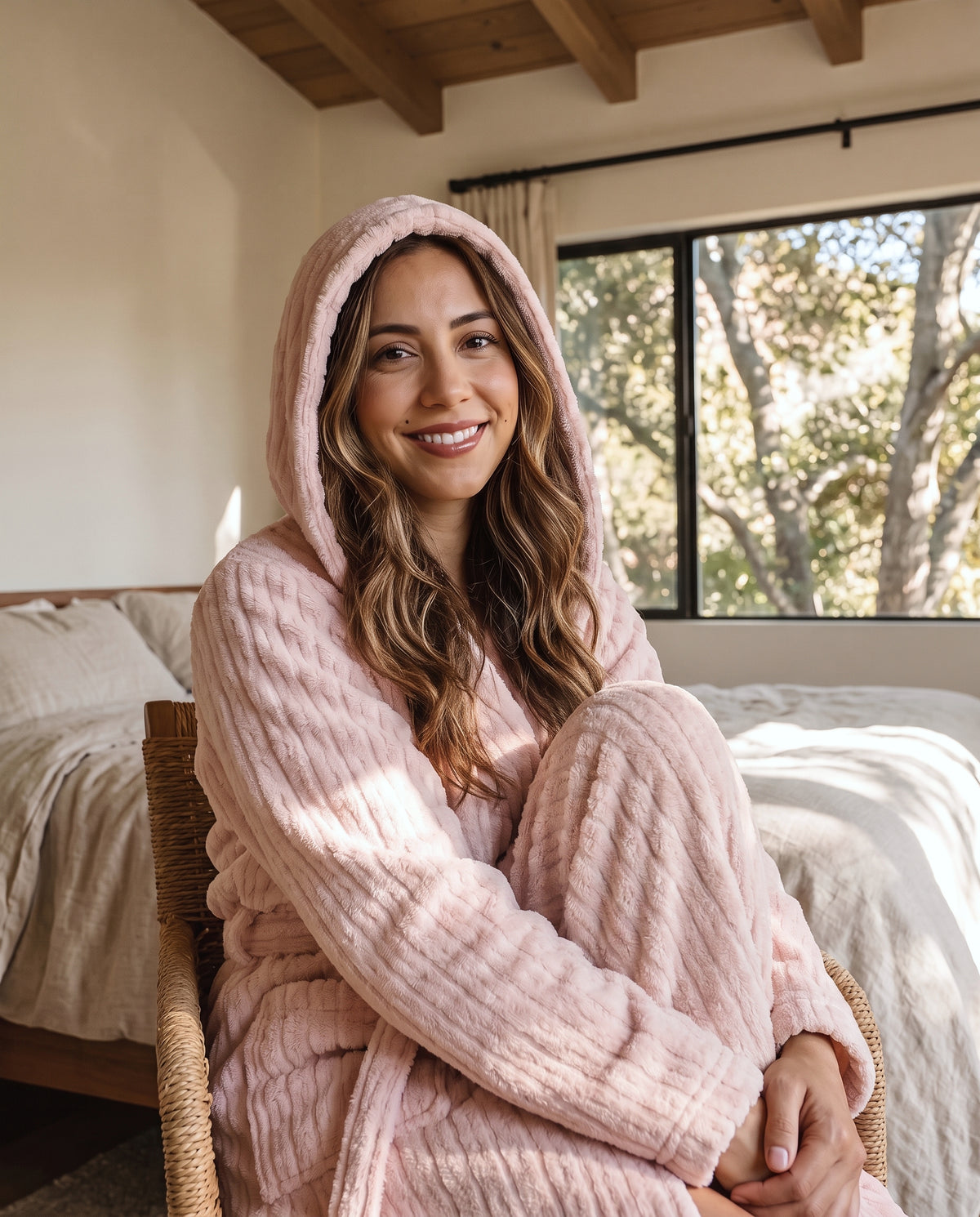 Women's Hooded Plush Long Robe with Tie Waist Belt Textured Soft Warm Full Length Bathrobe
