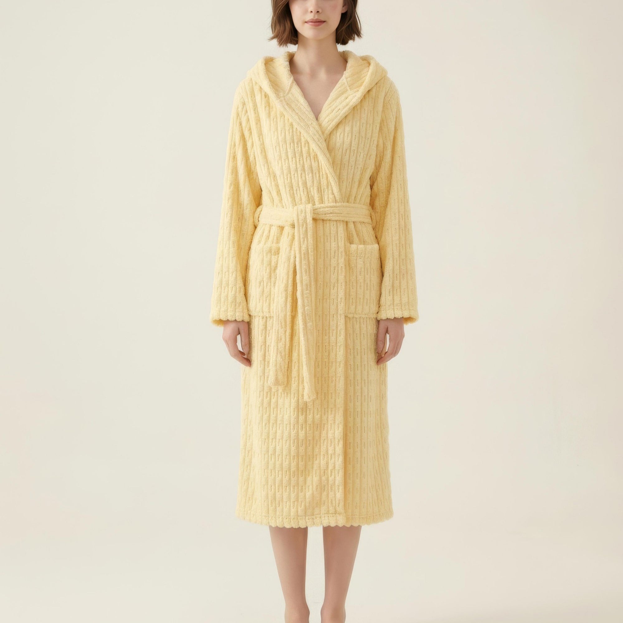 Anna-Kaci Women's Hooded Plush Long Robe with Tie Waist Belt Textured Soft Warm Full Length Bathrobe