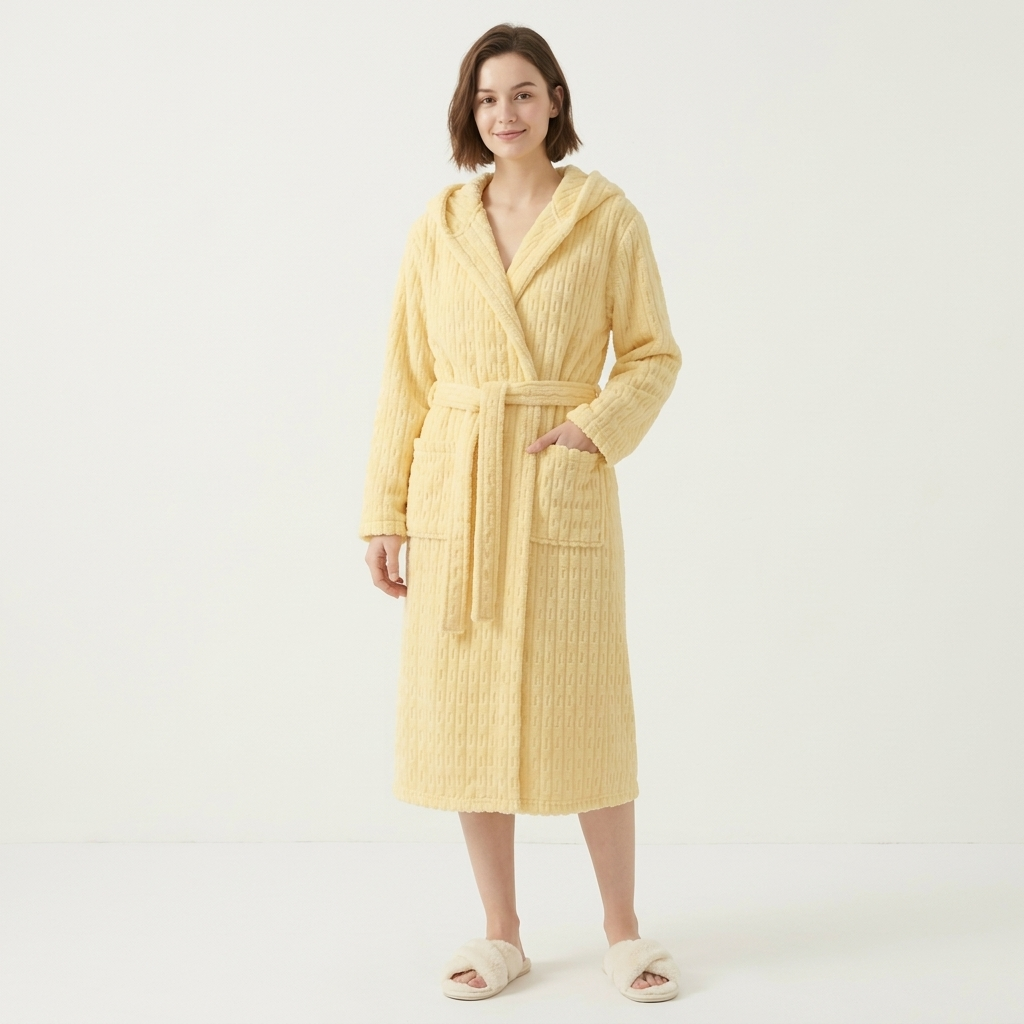 Women's Hooded Plush Long Robe with Tie Waist Belt Textured Soft Warm Full Length Bathrobe