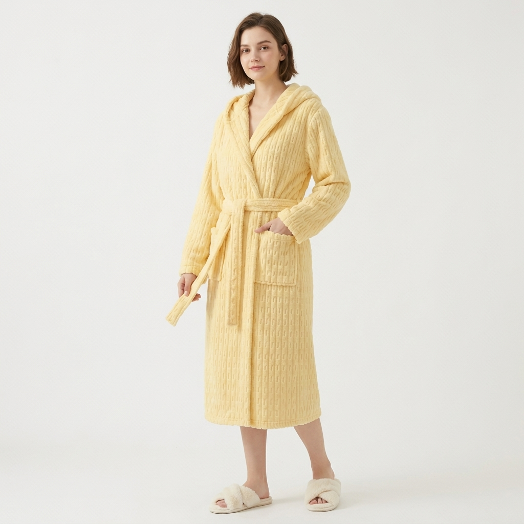 Women's Hooded Plush Long Robe with Tie Waist Belt Textured Soft Warm Full Length Bathrobe