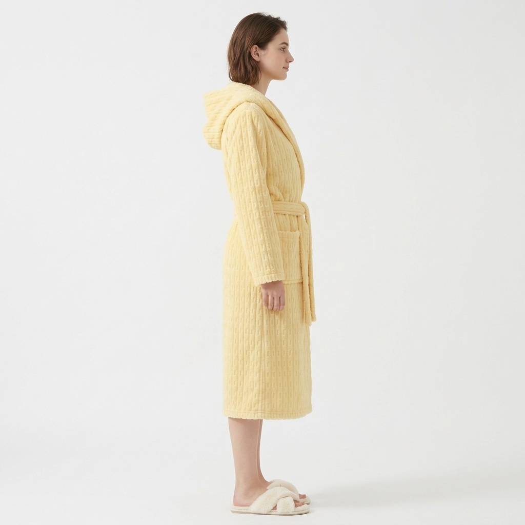 Women's Hooded Plush Long Robe with Tie Waist Belt Textured Soft Warm Full Length Bathrobe