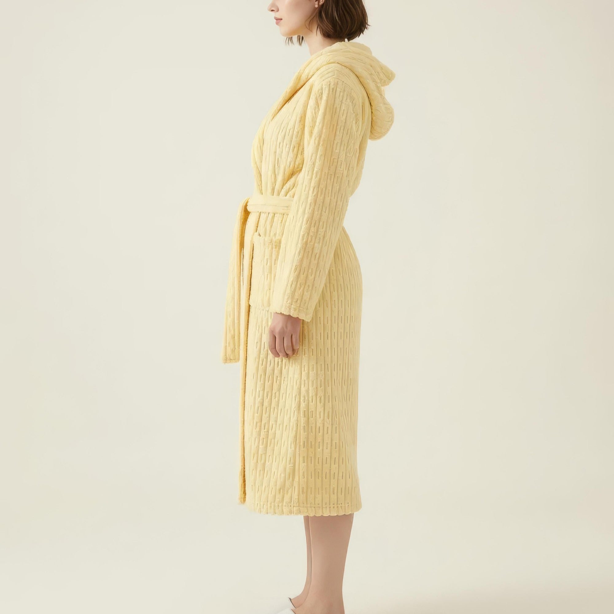 Anna-Kaci Women's Hooded Plush Long Robe with Tie Waist Belt Textured Soft Warm Full Length Bathrobe