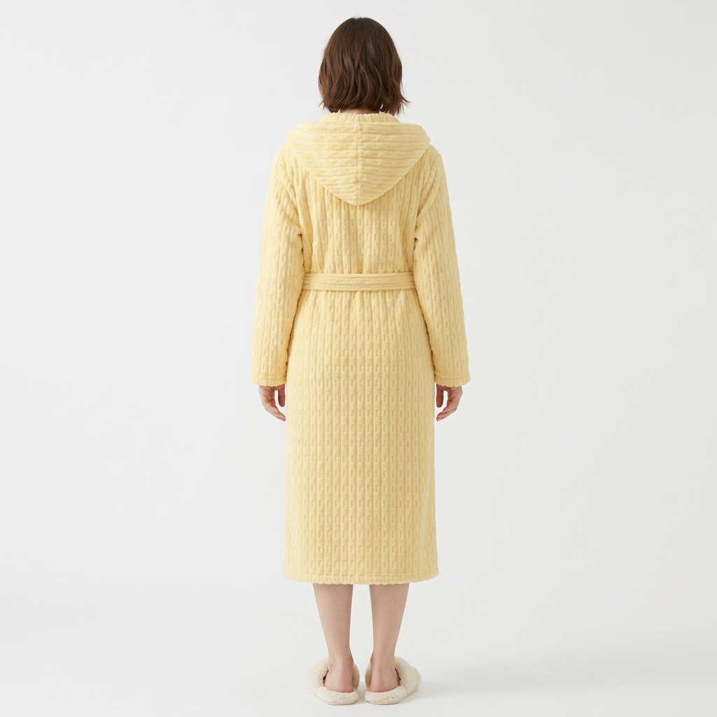 Women's Hooded Plush Long Robe with Tie Waist Belt Textured Soft Warm Full Length Bathrobe