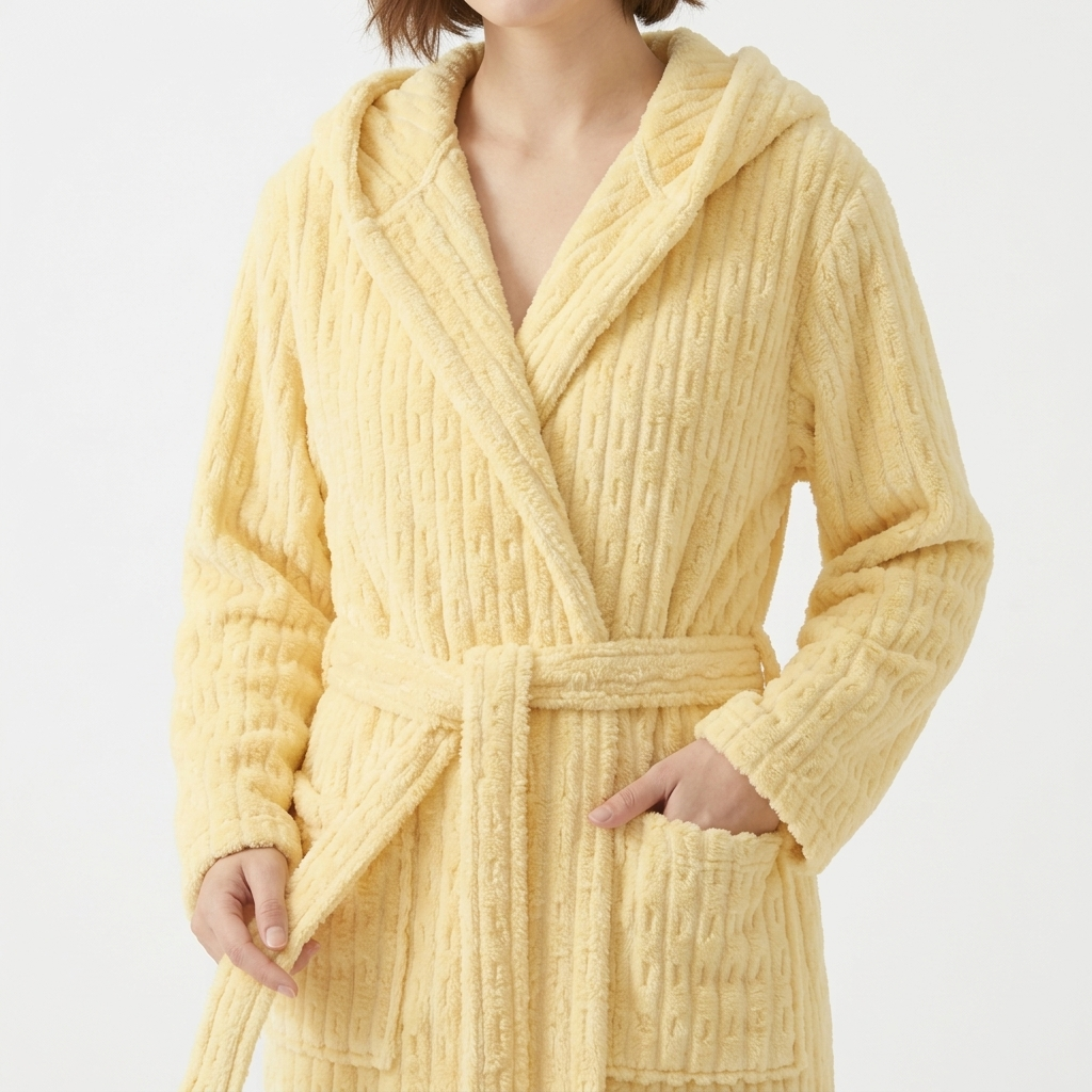 Women's Hooded Plush Long Robe with Tie Waist Belt Textured Soft Warm Full Length Bathrobe