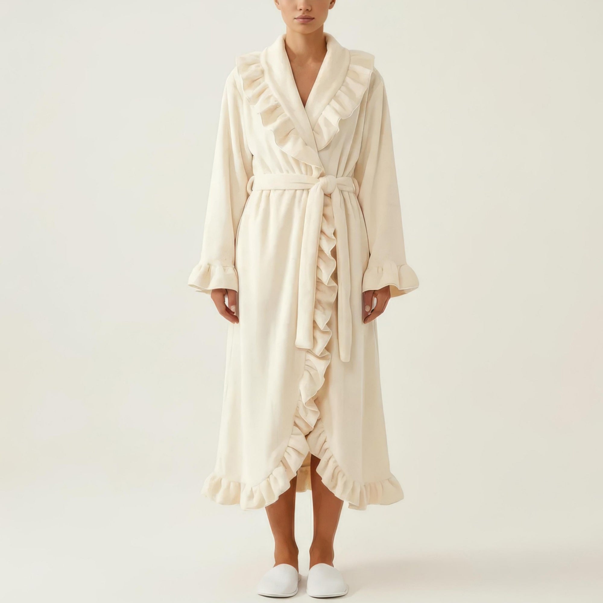 Anna-Kaci Women's Long Sleeve Wrap Robe with Ruffle Trim Shawl Collar Tie Waist Belt Soft Lightweight Robe