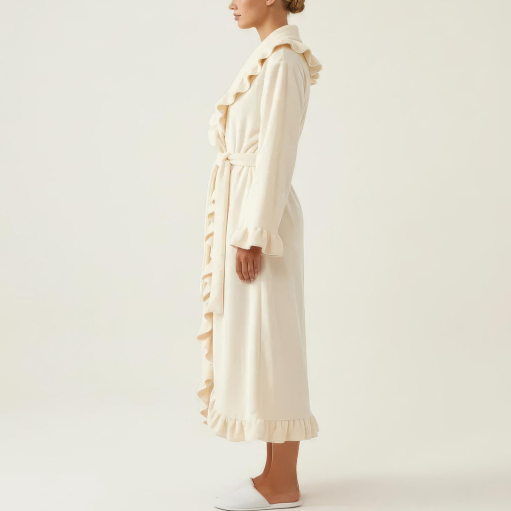 Anna-Kaci Women's Long Sleeve Wrap Robe with Ruffle Trim Shawl Collar Tie Waist Belt Soft Lightweight Robe