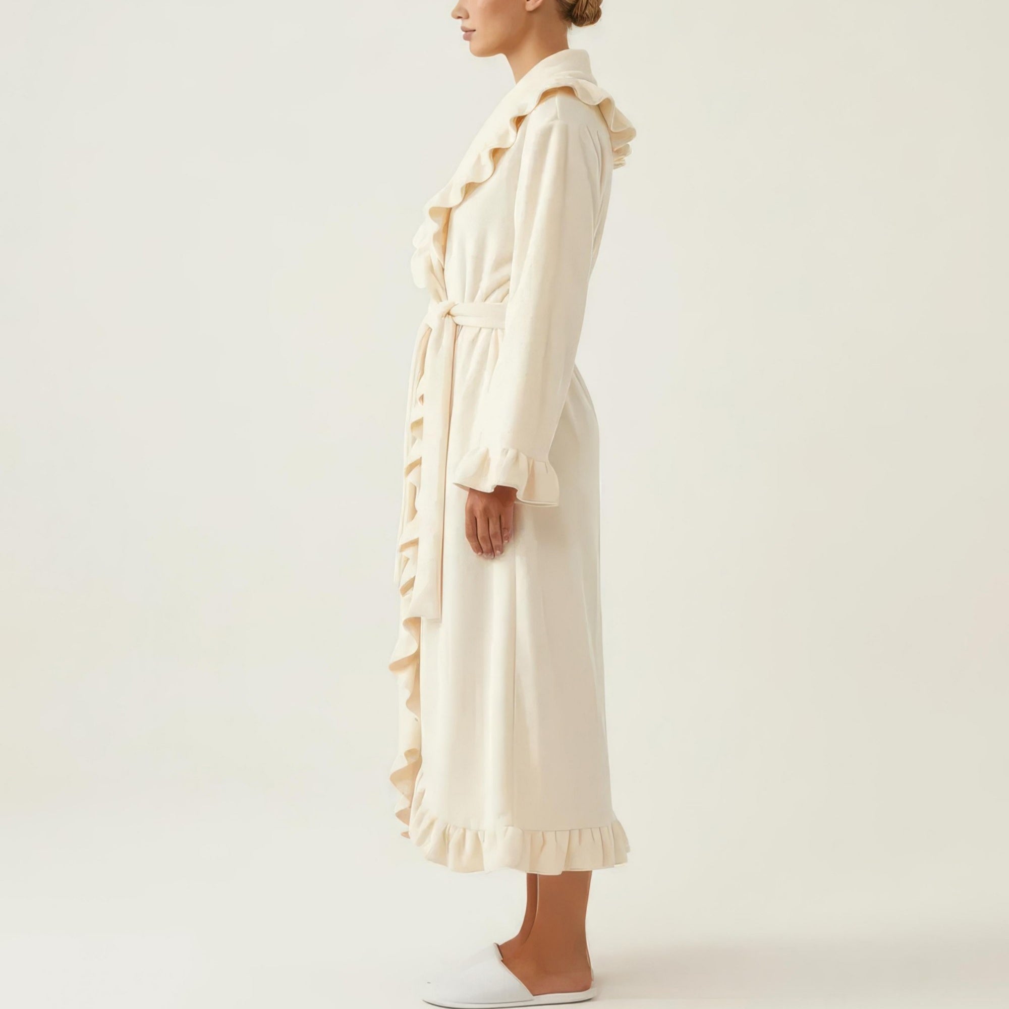 Anna-Kaci Women's Long Sleeve Wrap Robe with Ruffle Trim Shawl Collar Tie Waist Belt Soft Lightweight Robe