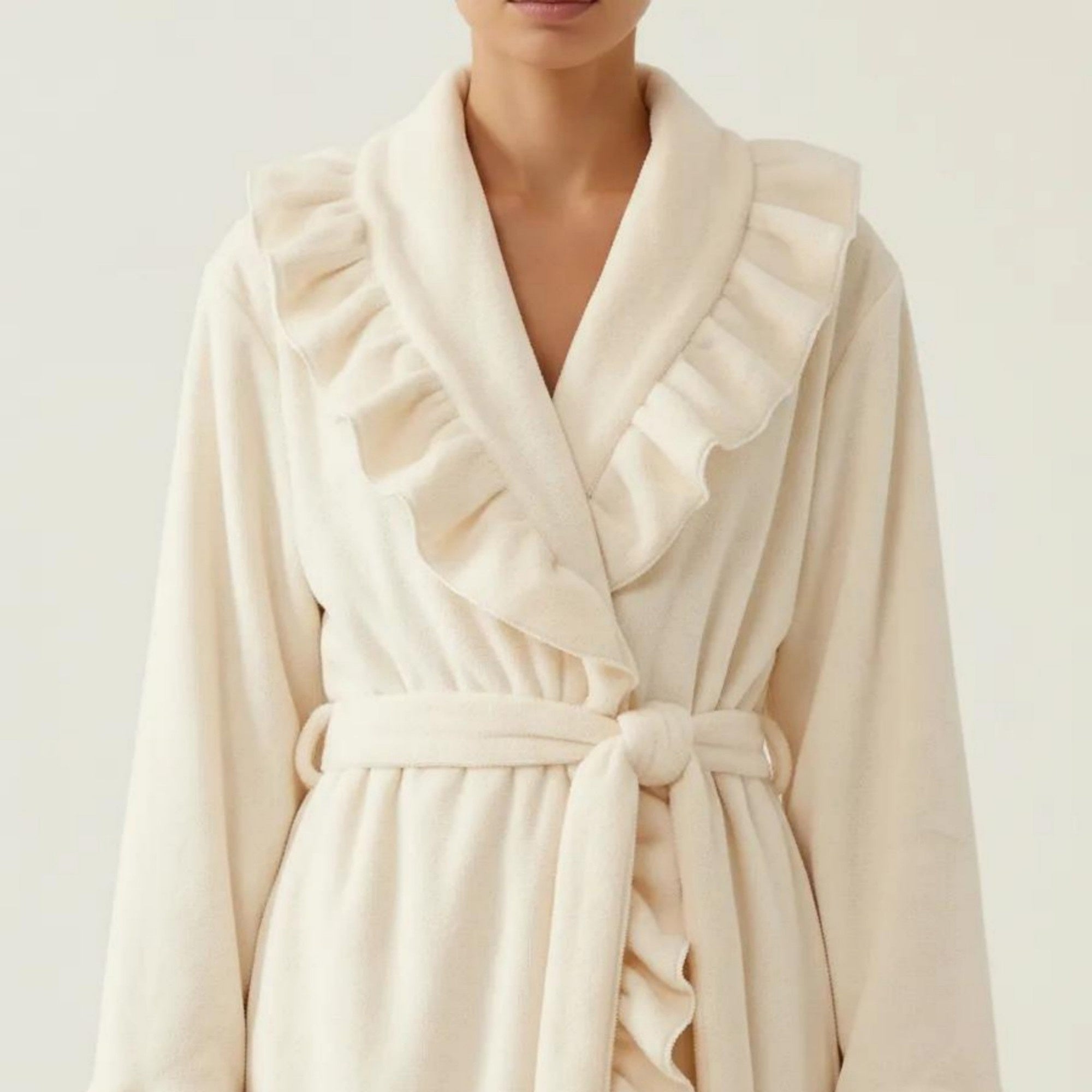 Anna-Kaci Women's Long Sleeve Wrap Robe with Ruffle Trim Shawl Collar Tie Waist Belt Soft Lightweight Robe