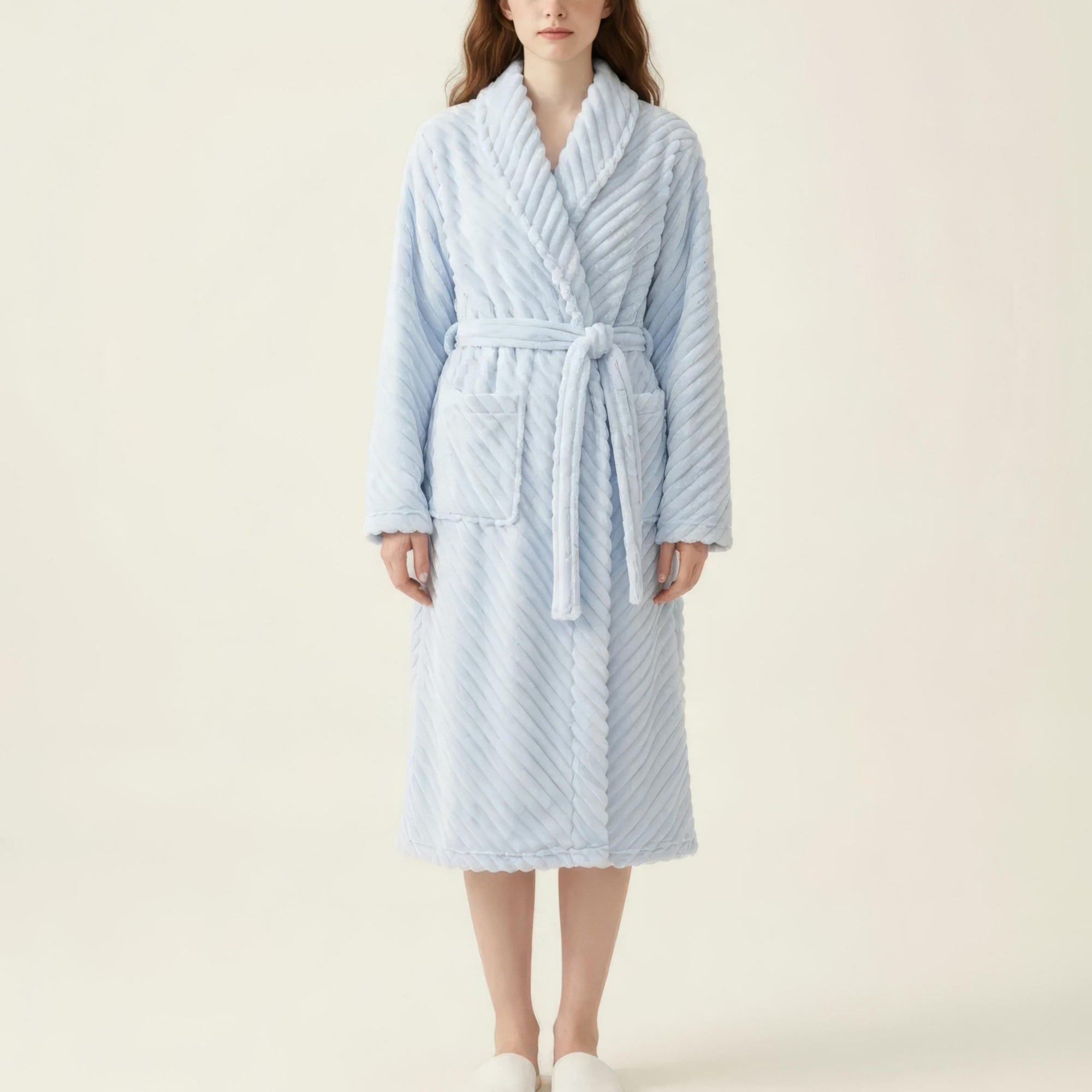 Anna-Kaci Women's Plush Textured Long Robe with Shawl Collar Tie Waist Belt Soft Warm Full Length Bathrobe