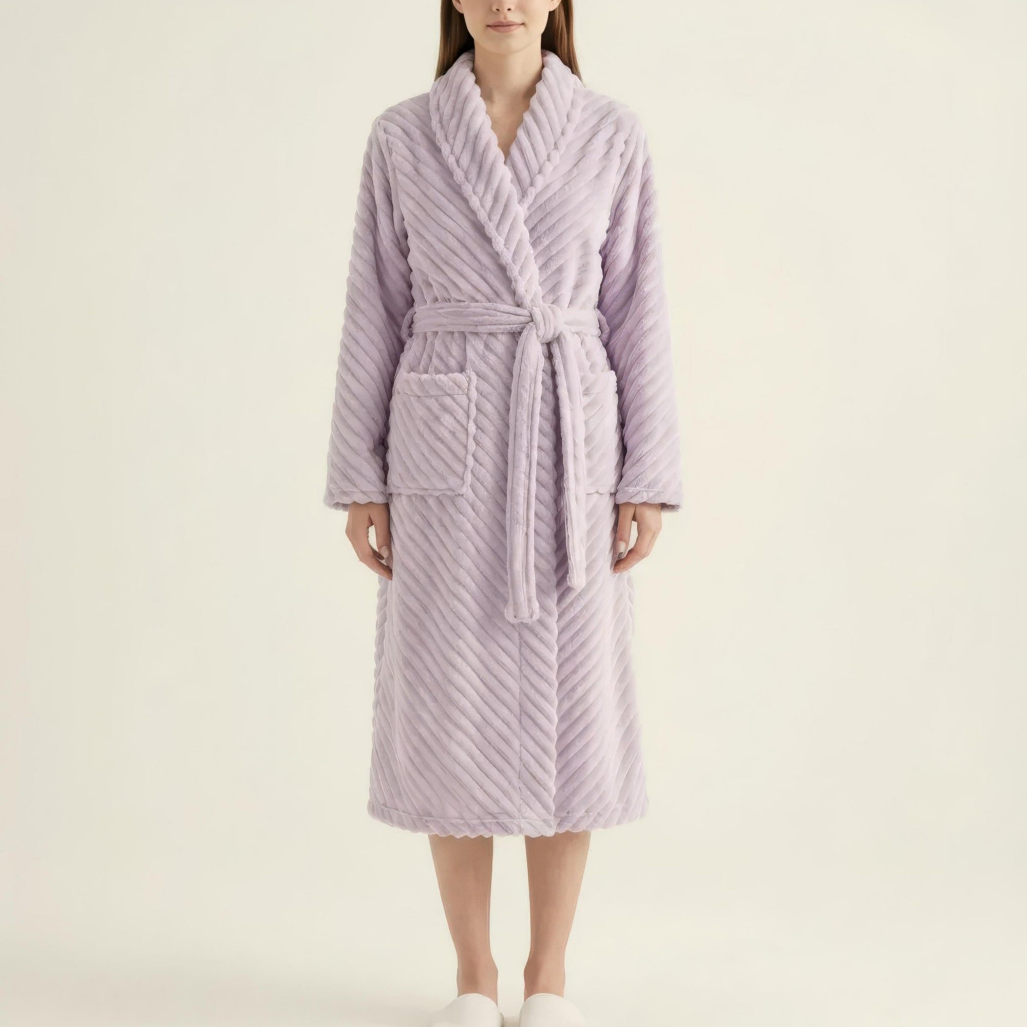 Anna-Kaci Women's Plush Textured Long Robe with Shawl Collar Tie Waist Belt Soft Warm Full Length Bathrobe