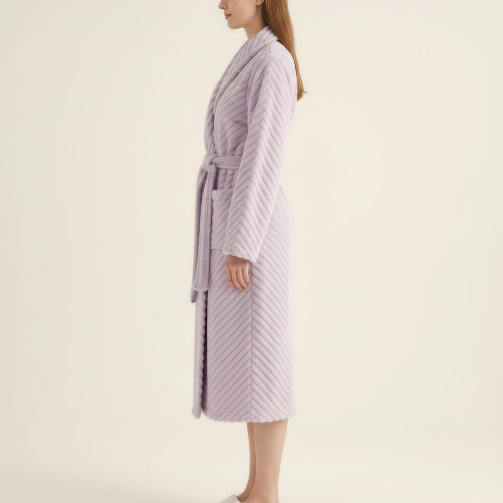 Anna-Kaci Women's Plush Textured Long Robe with Shawl Collar Tie Waist Belt Soft Warm Full Length Bathrobe