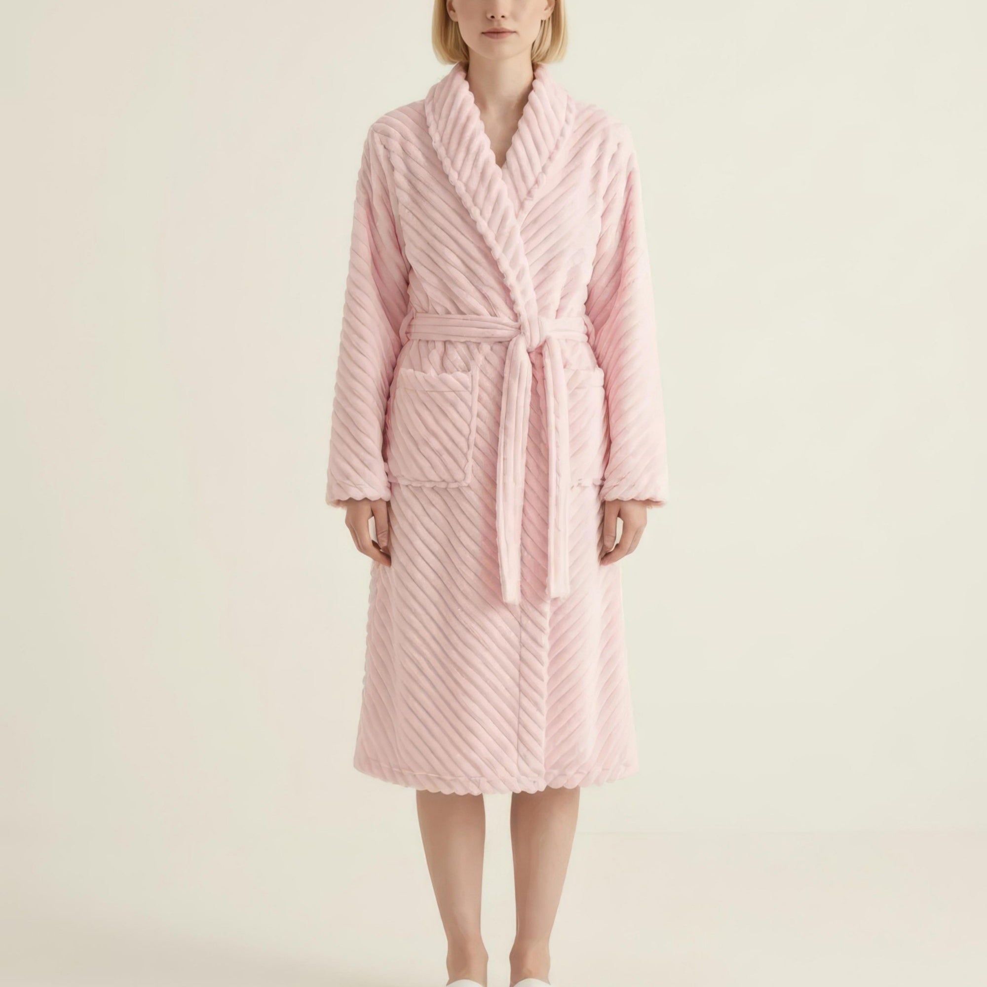 Anna-Kaci Women's Plush Textured Long Robe with Shawl Collar Tie Waist Belt Soft Warm Full Length Bathrobe